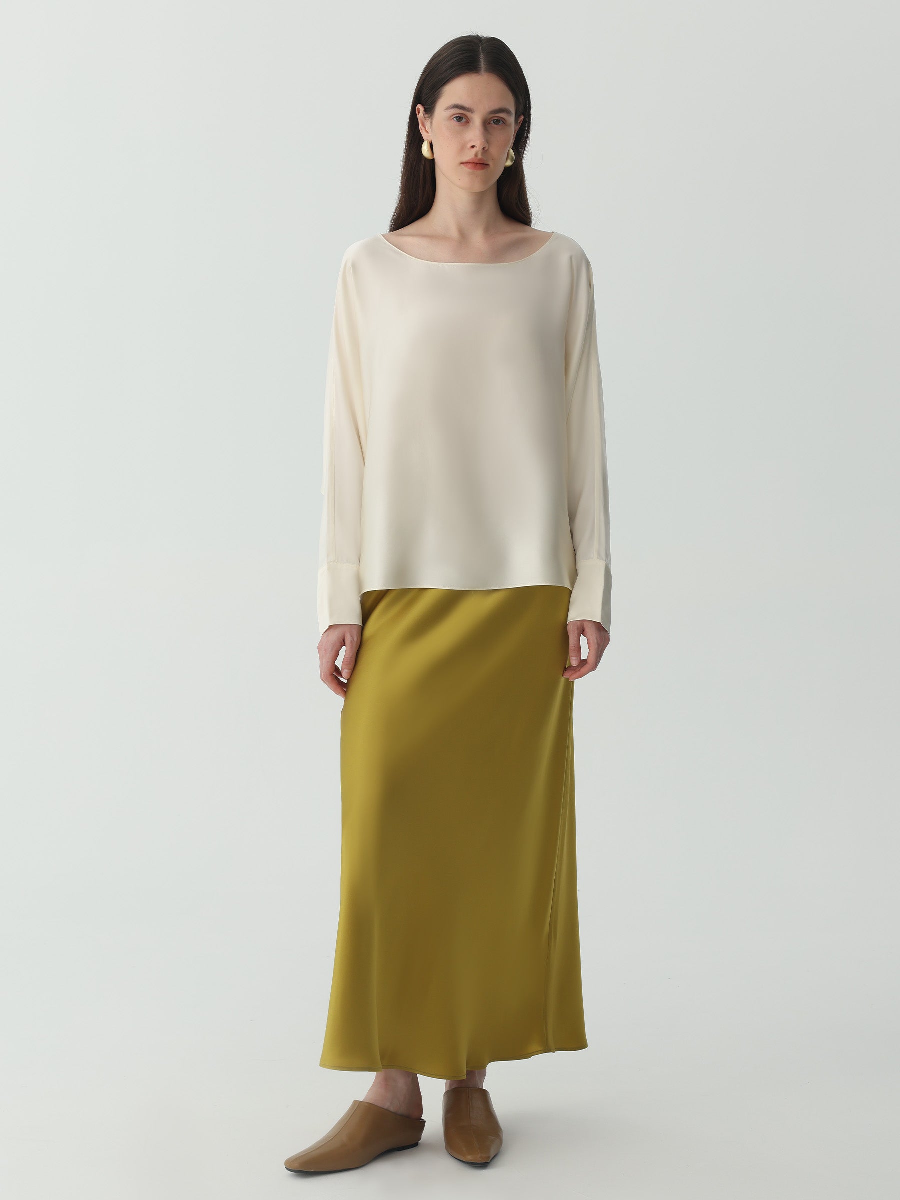 Ankle-length Midi Skirt in Silk #color_Leaf Yellow