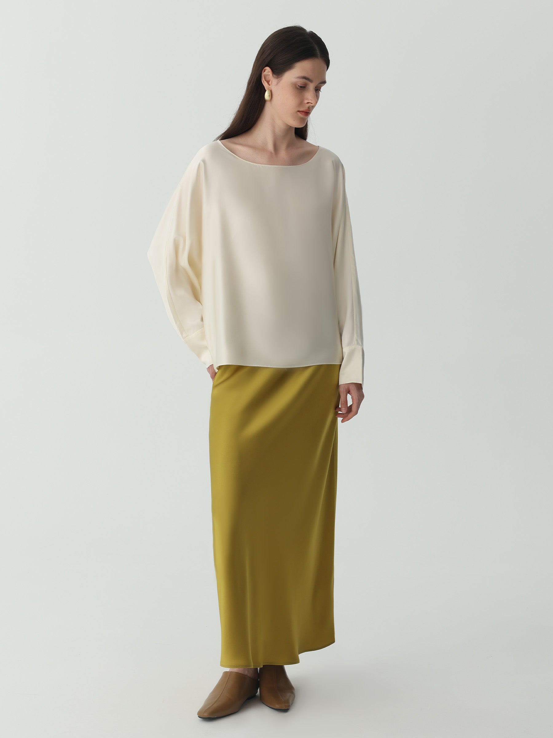 Ankle-length Midi Skirt in Silk #color_Leaf Yellow