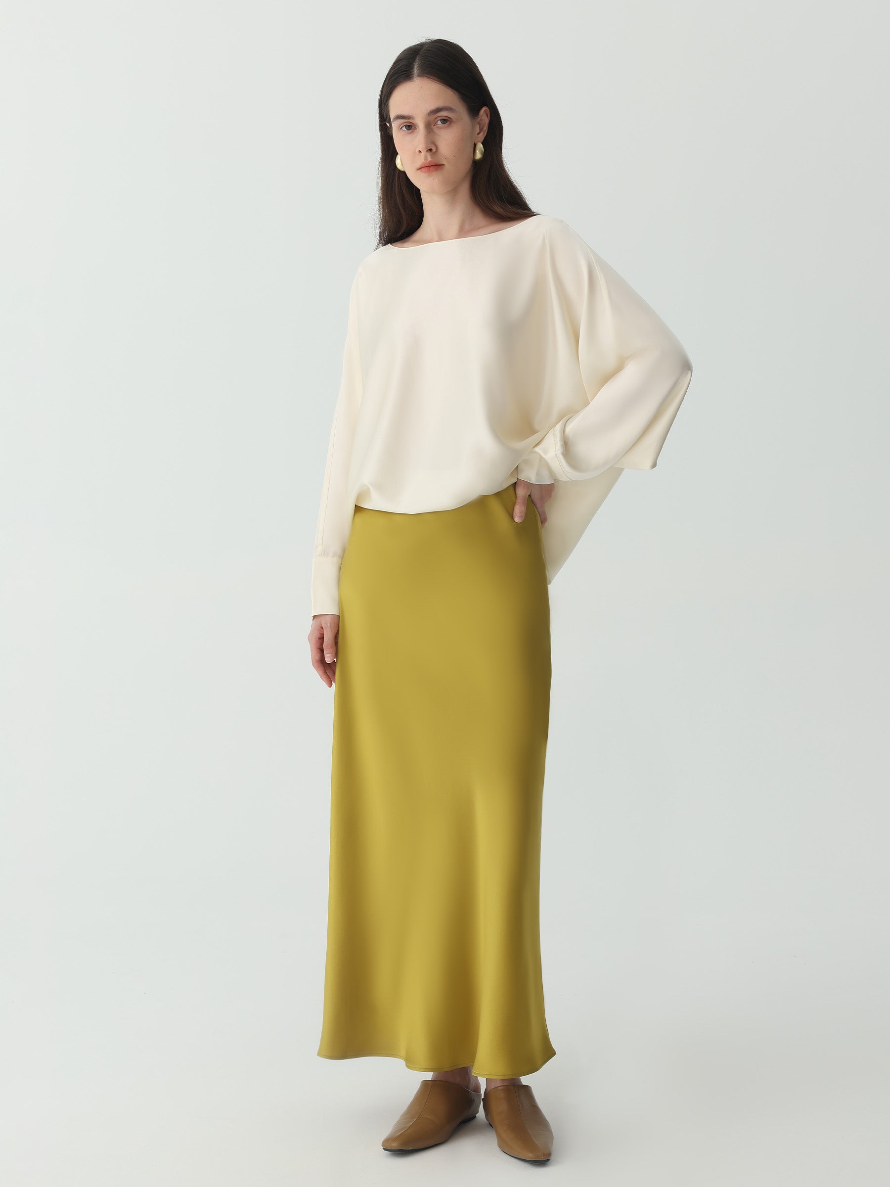 Ankle-length Midi Skirt in Silk #color_Leaf Yellow