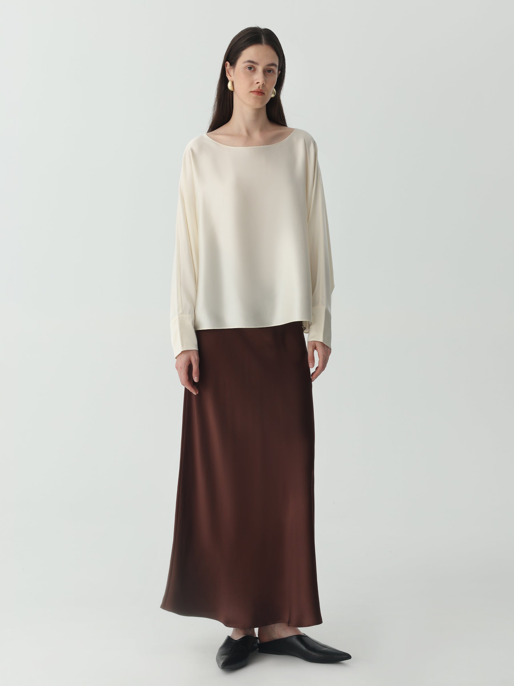 Ankle-length Midi Skirt in Silk #color_Chocolate
