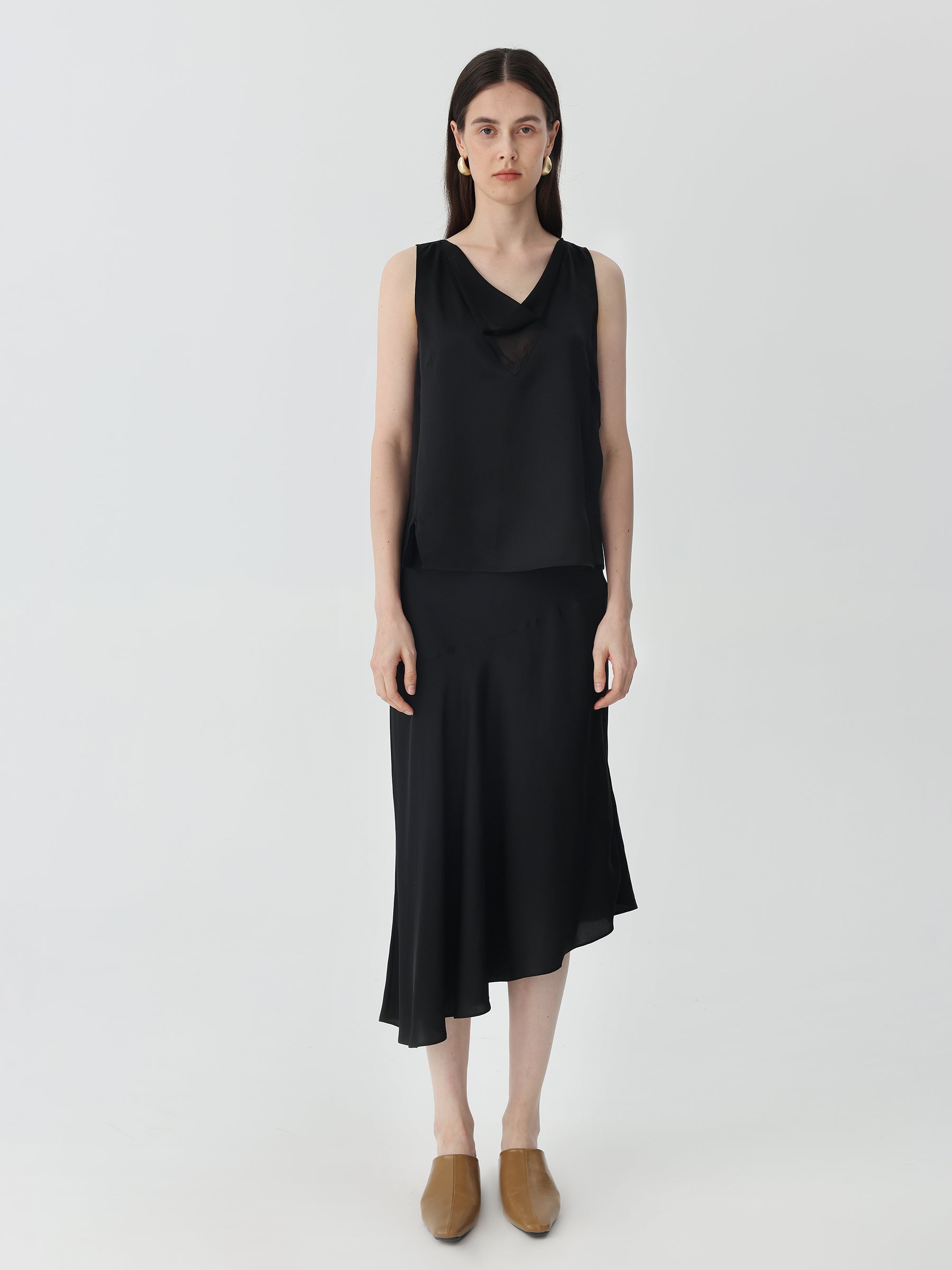 Asymmetric Silk Midi Skirt #color_Black