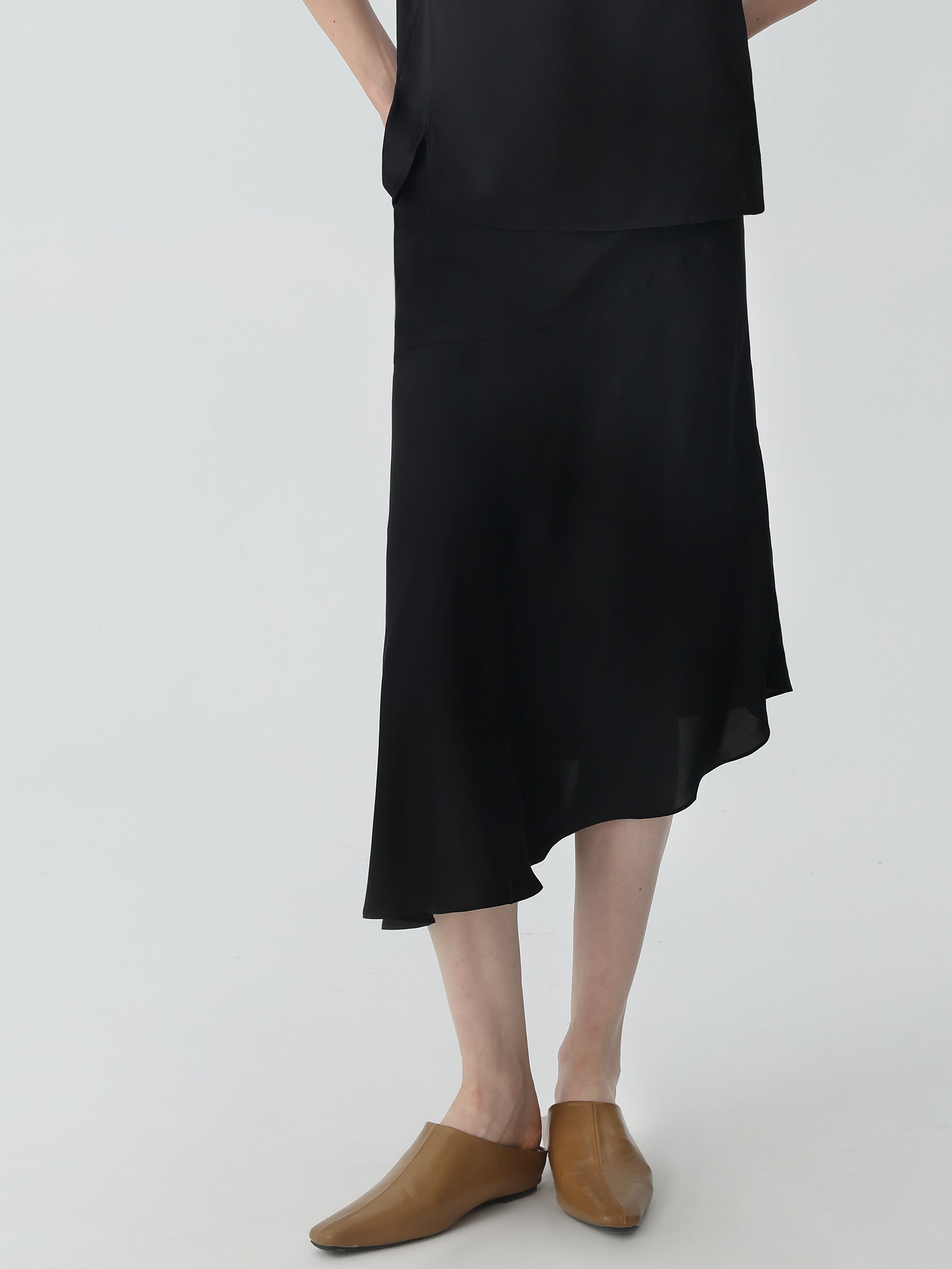 Asymmetric Silk Midi Skirt #color_Black