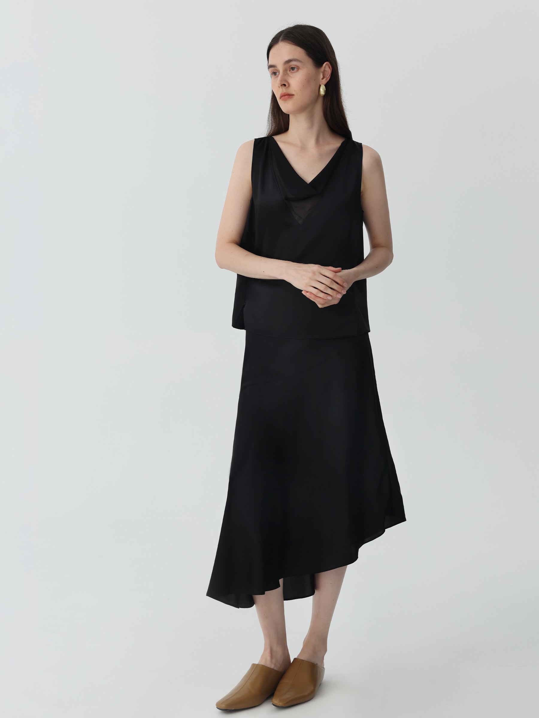 Asymmetric Silk Midi Skirt #color_Black