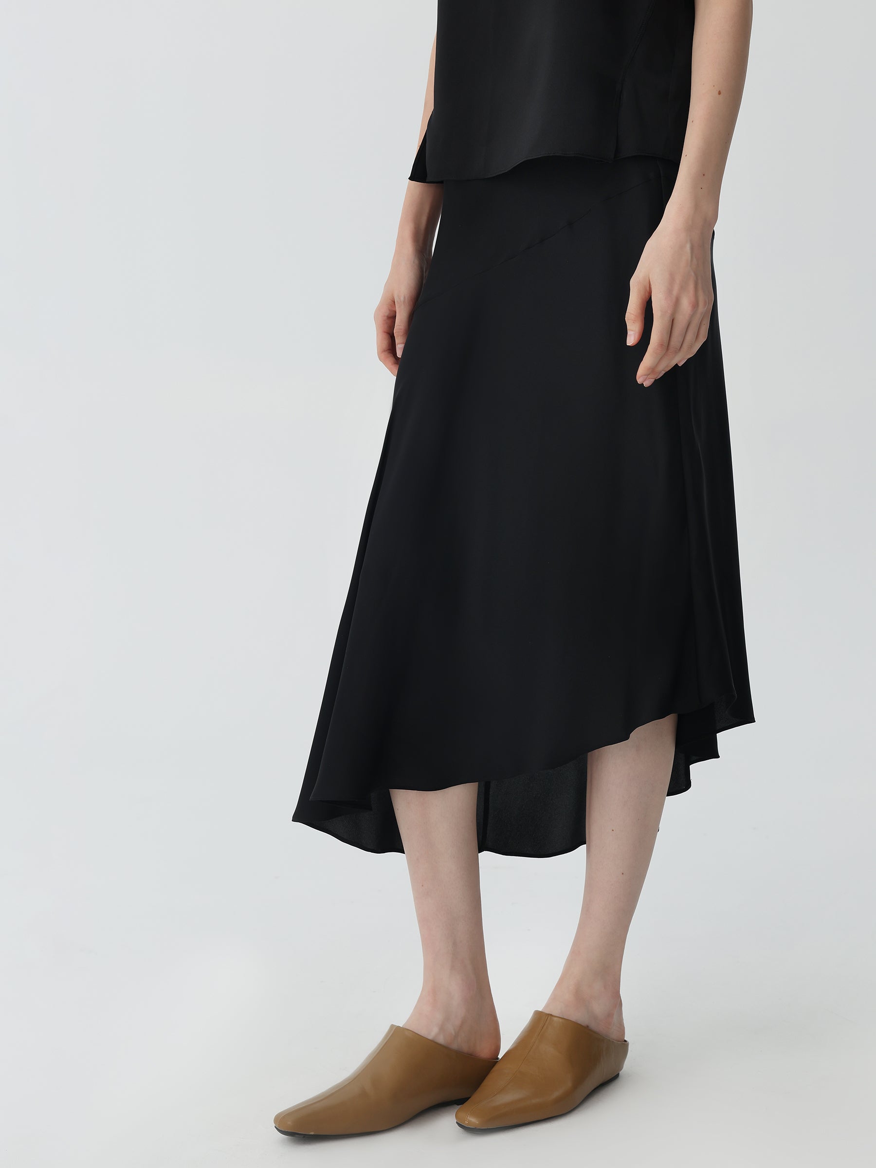 Asymmetric Silk Midi Skirt #color_Black