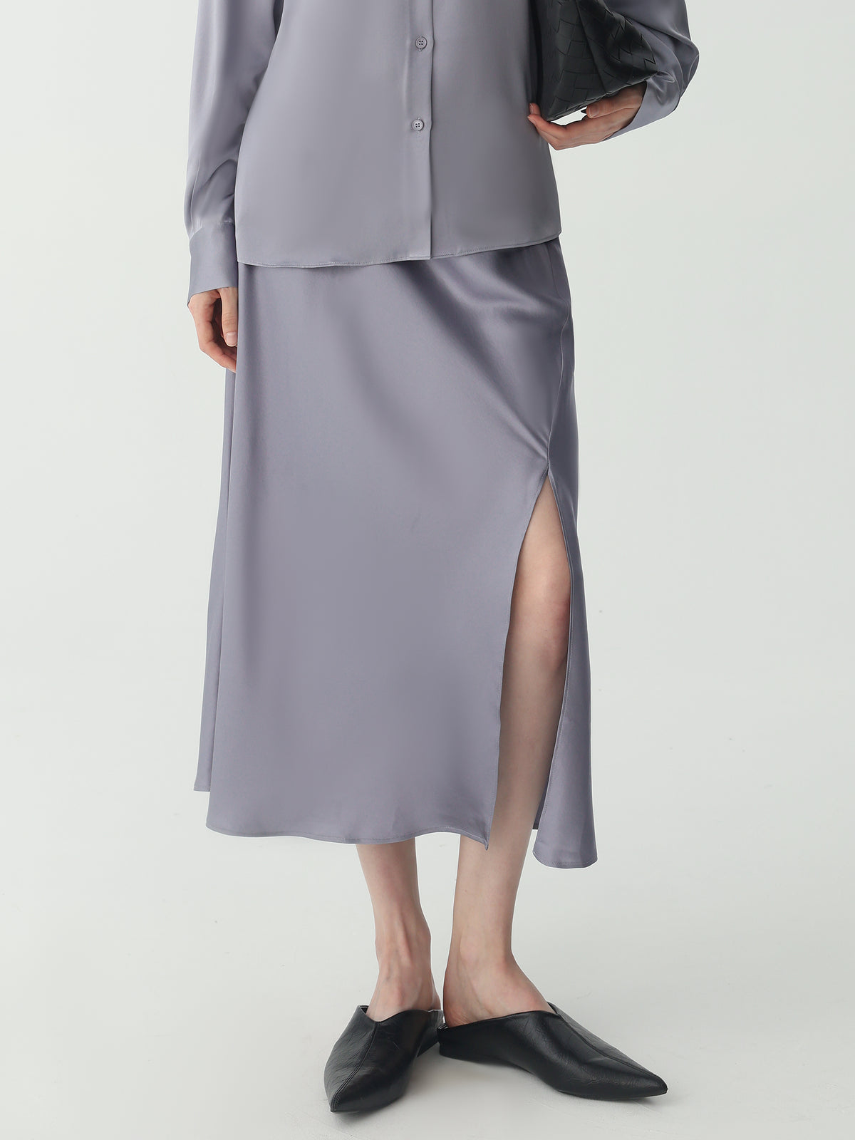 Side Split Silk Midi Skirt | Bias Cut A-Line Slip Skirt
