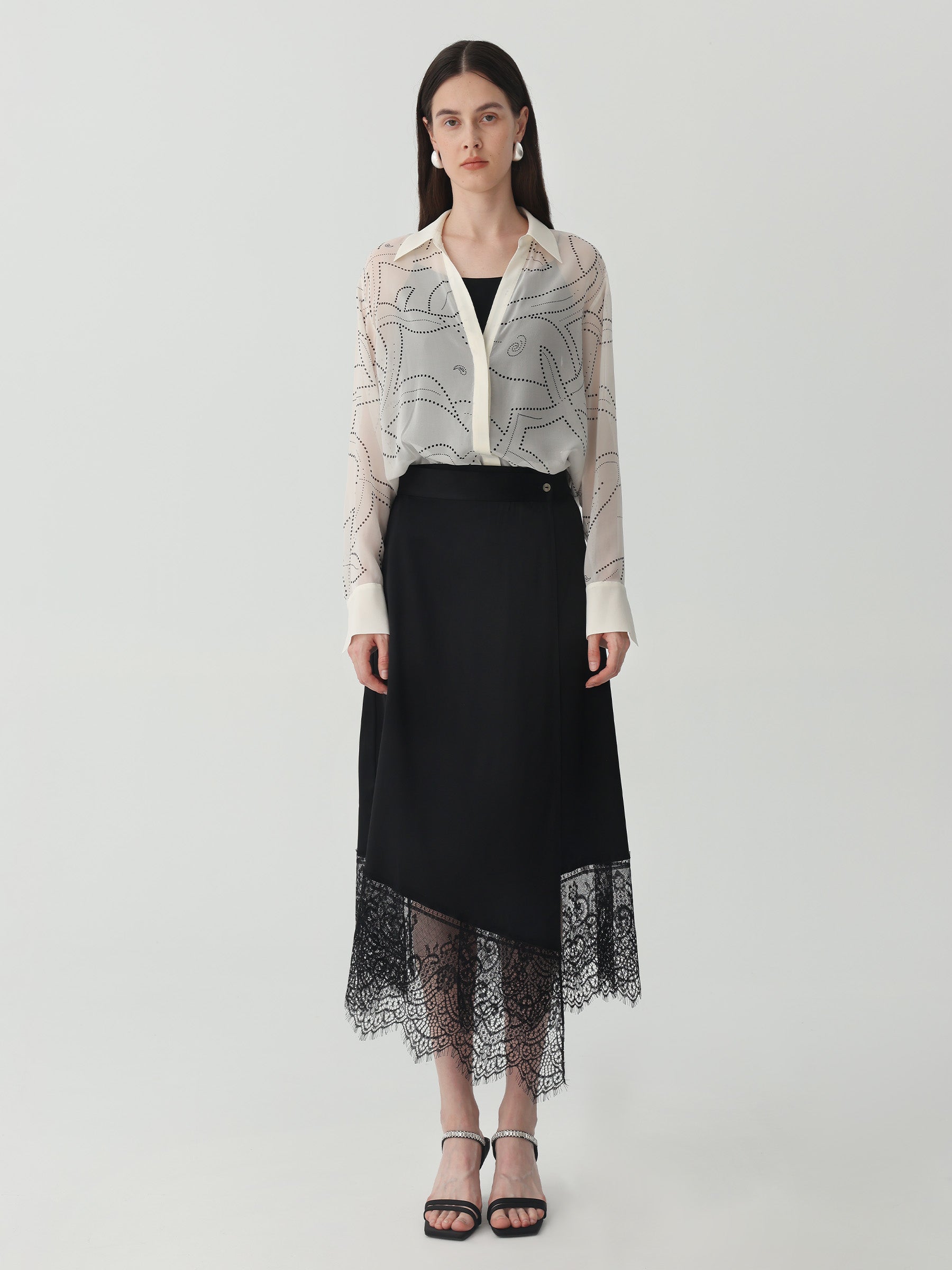 Asymmetrical Lace-Trimmed Midi Skirt #color_Black