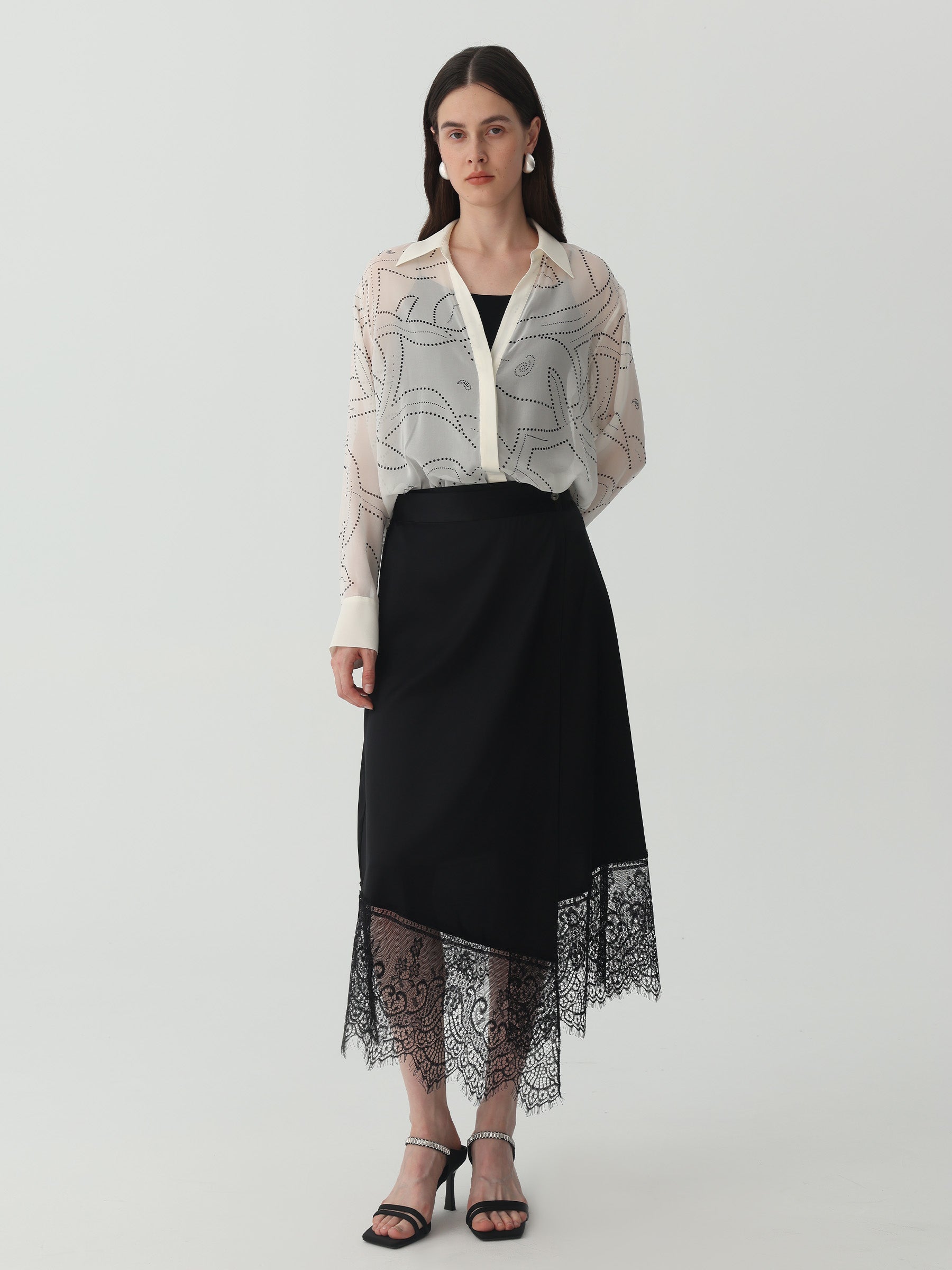 Asymmetrical Lace-Trimmed Midi Skirt #color_Black