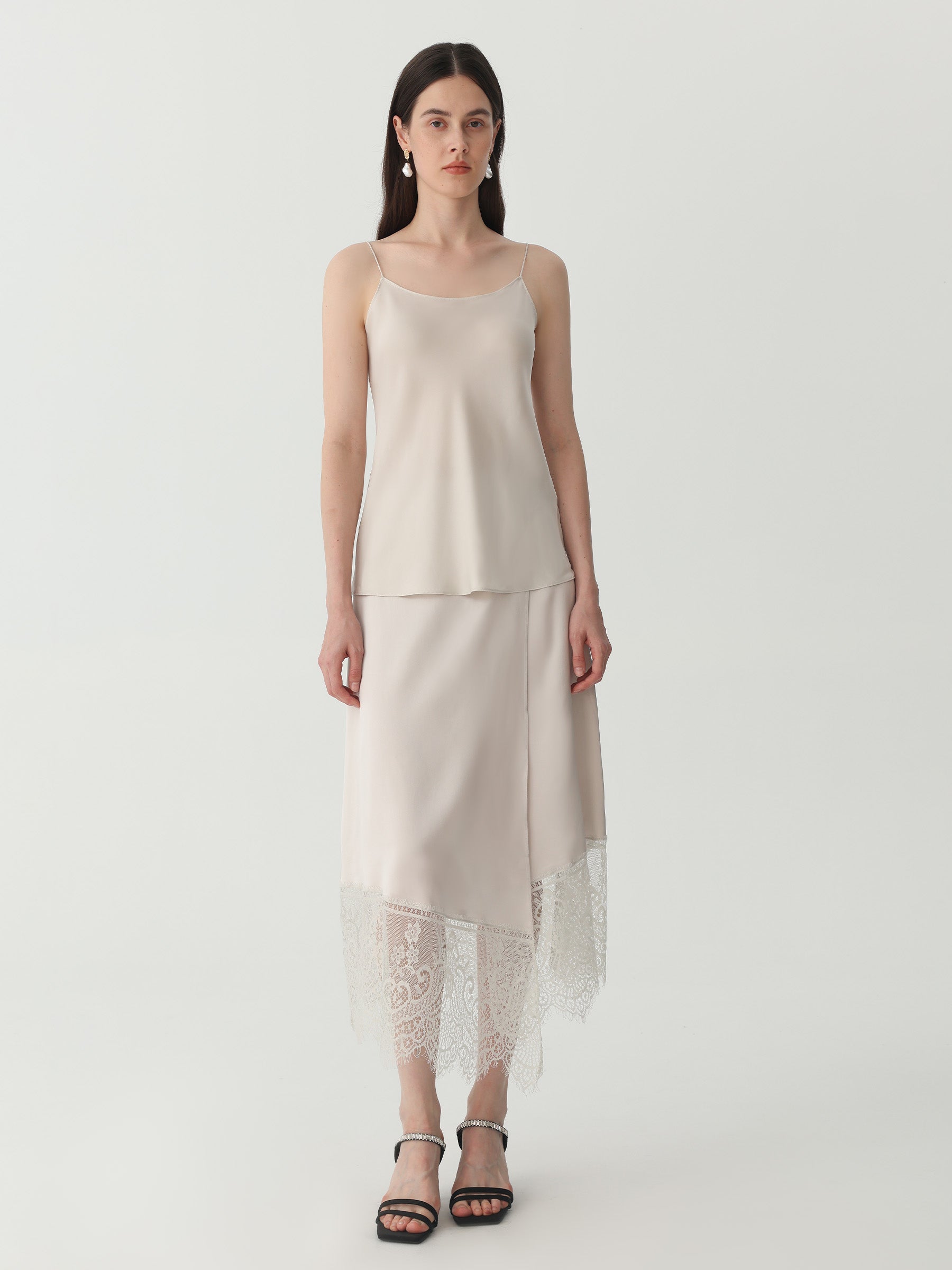 Asymmetrical Lace-Trimmed Midi Skirt #color_Silver Gray