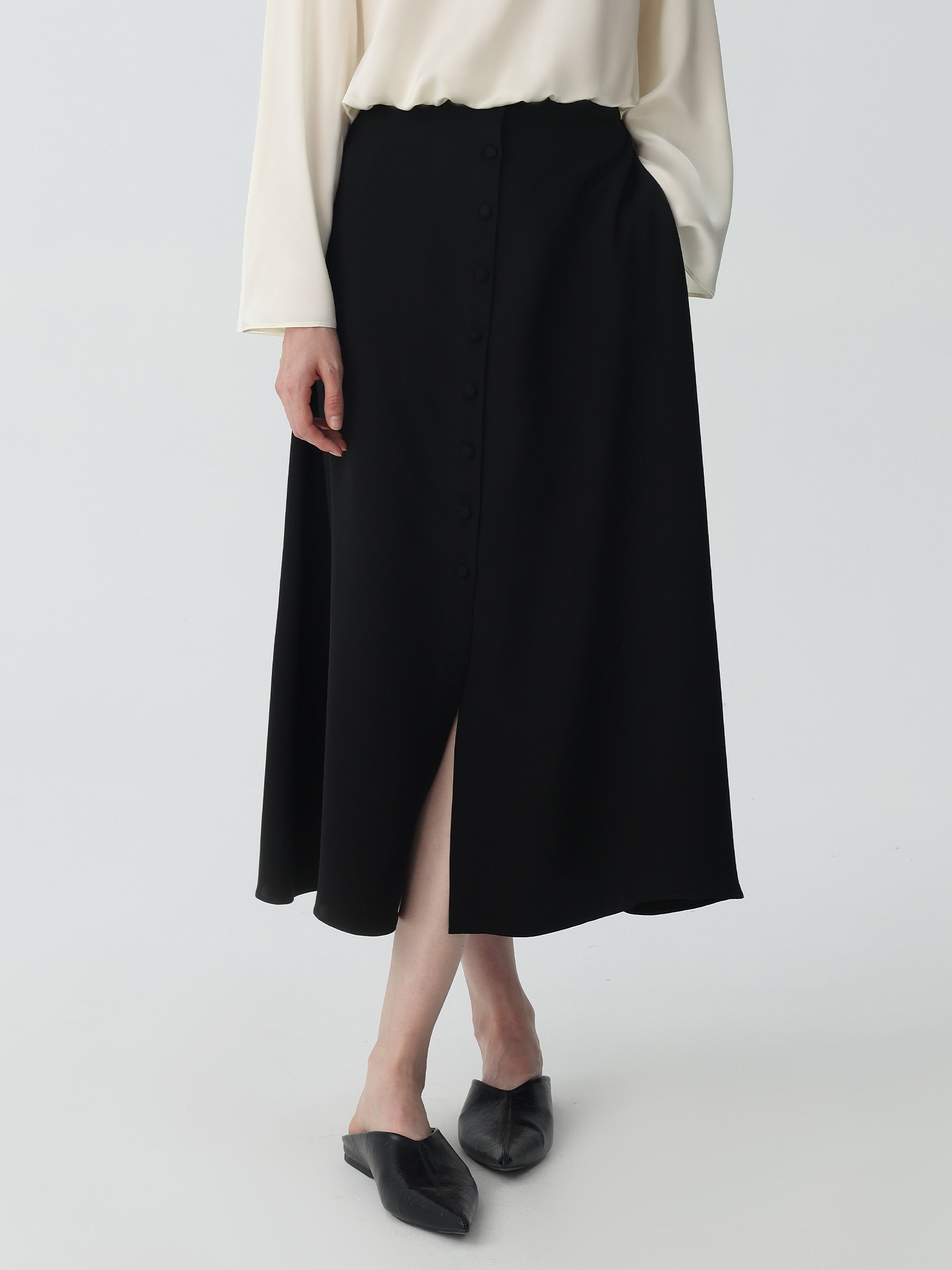 Button-down Silk Midi Skirt #color_Black