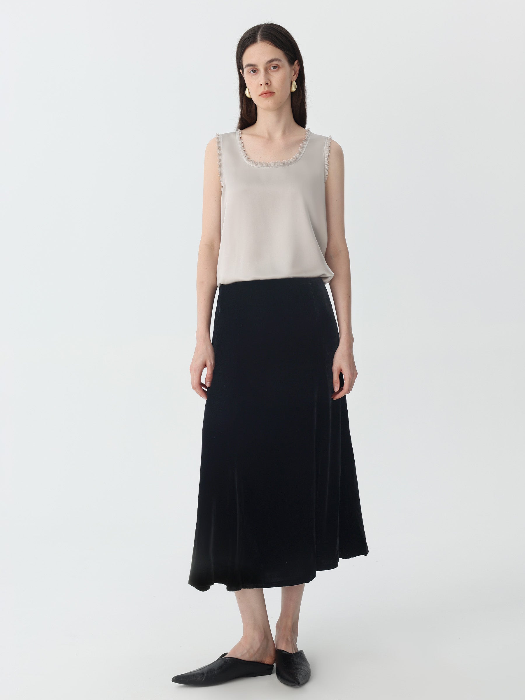 A-Line Midi Skirt in Silk Velvet #color_Black