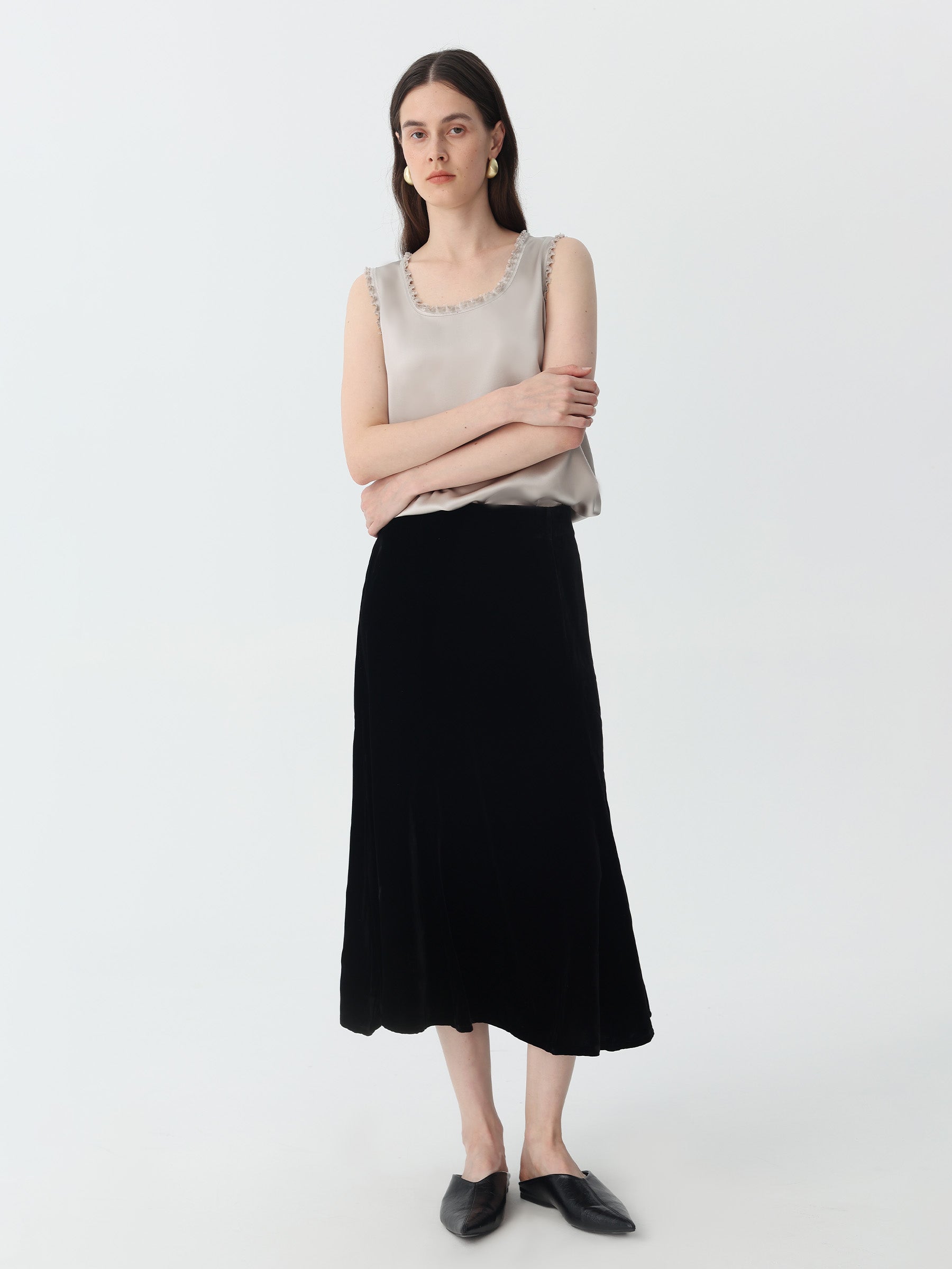 A-Line Midi Skirt in Silk Velvet #color_Black