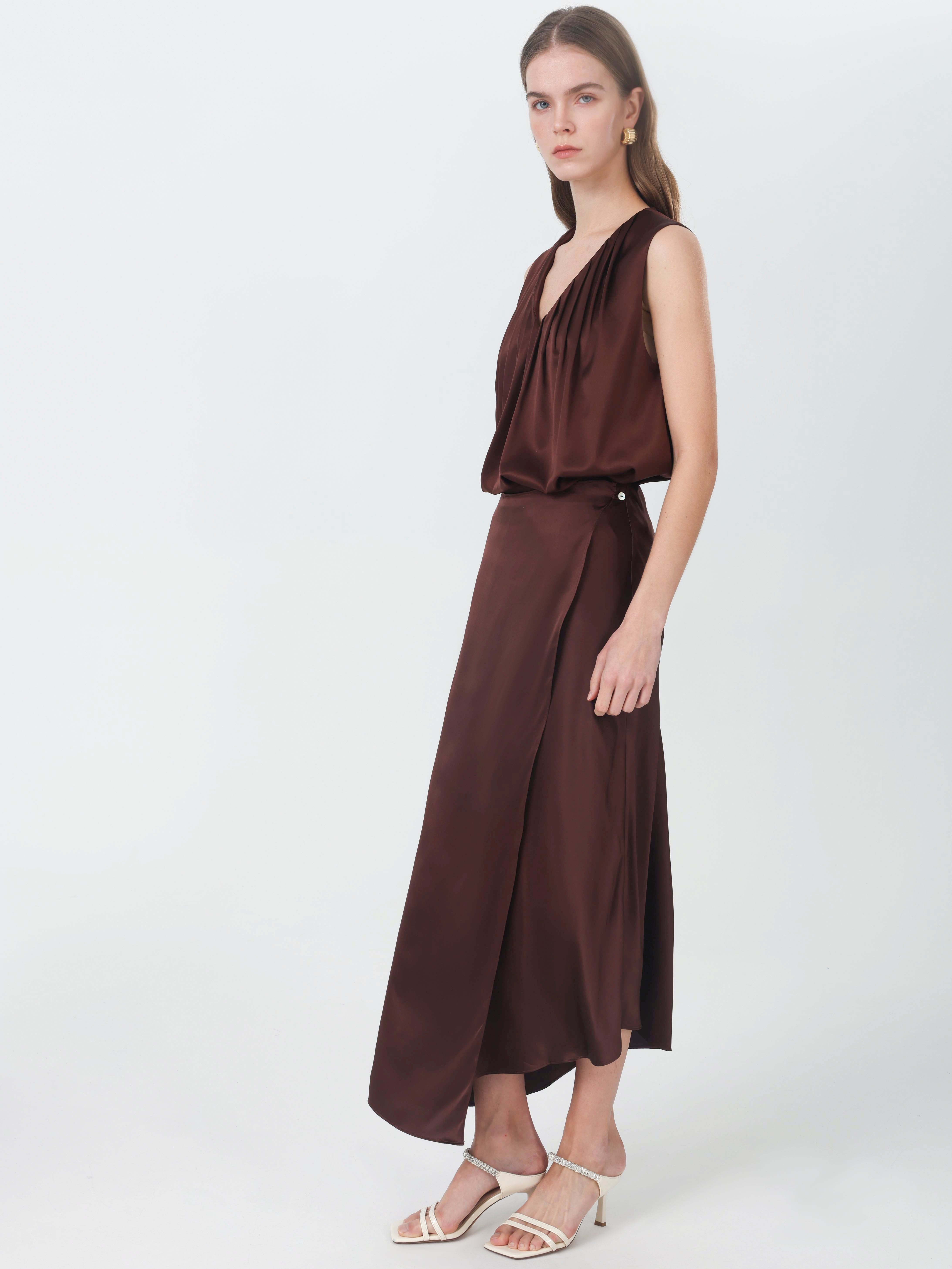 19 Momme Silk Wrap Midi Skirt#color_Chocolate