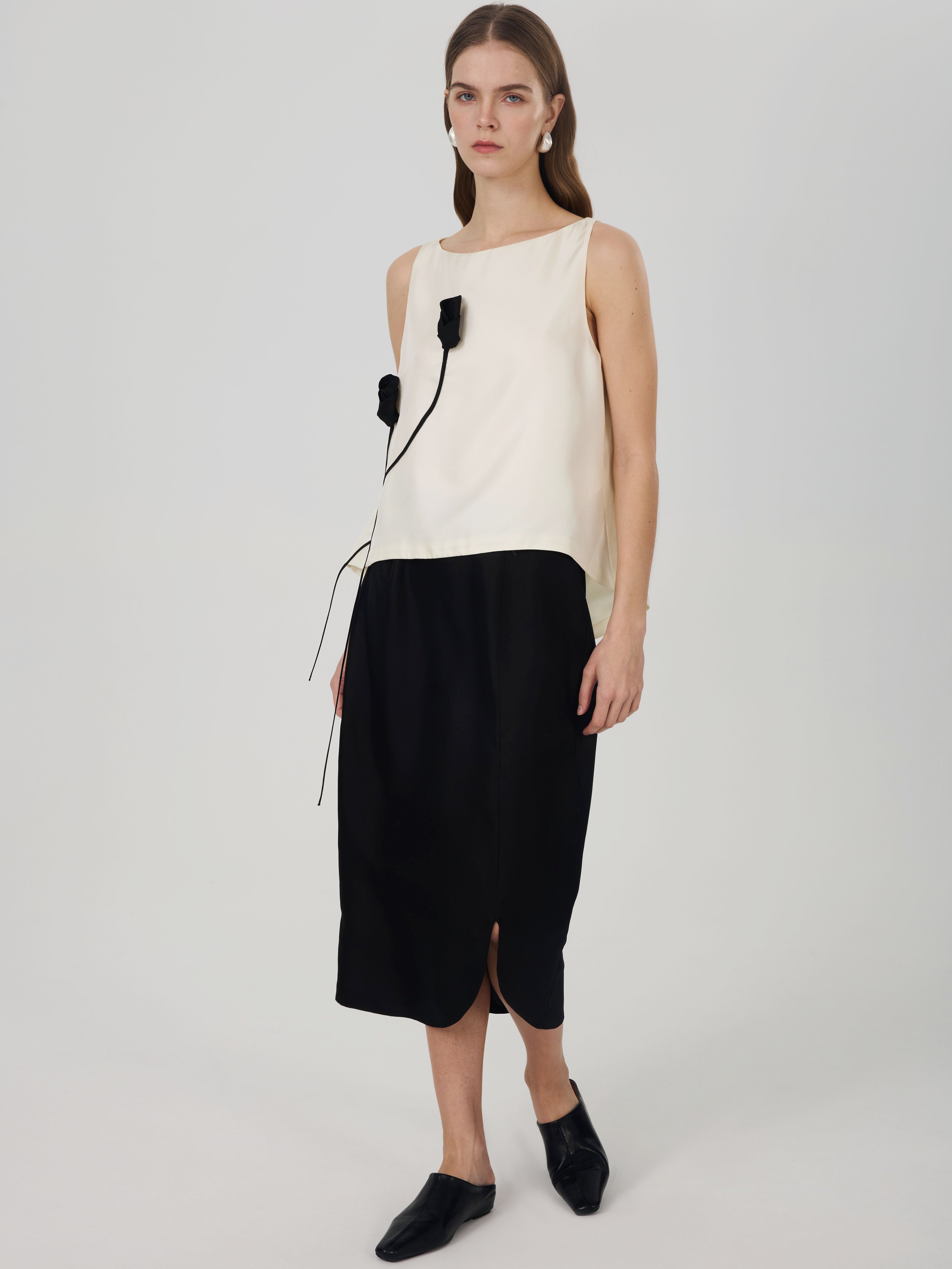 Silk Twill Tulip Midi Skirt#color_Black