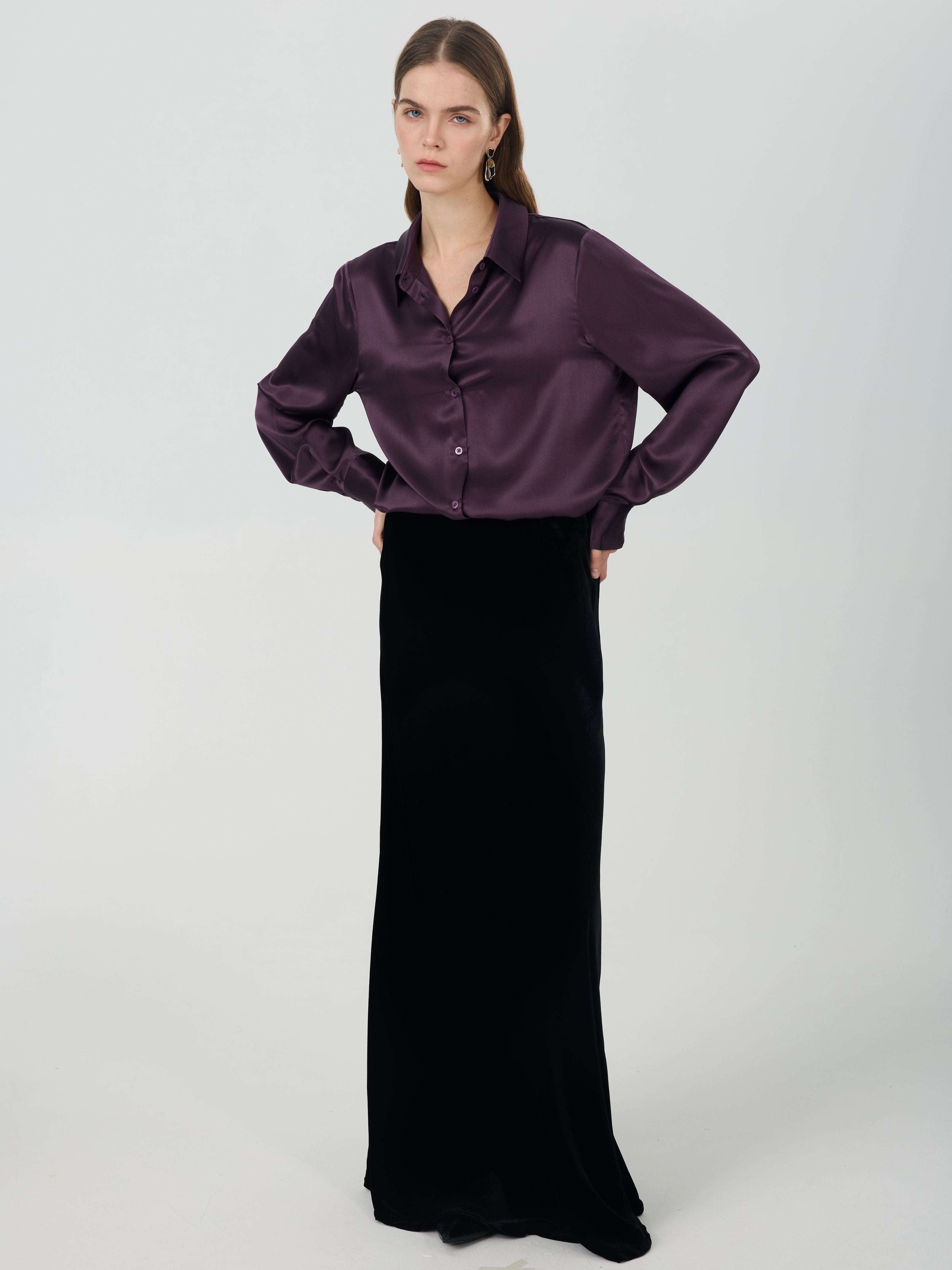 Silk Velvet Maxi Skirt#color_Black