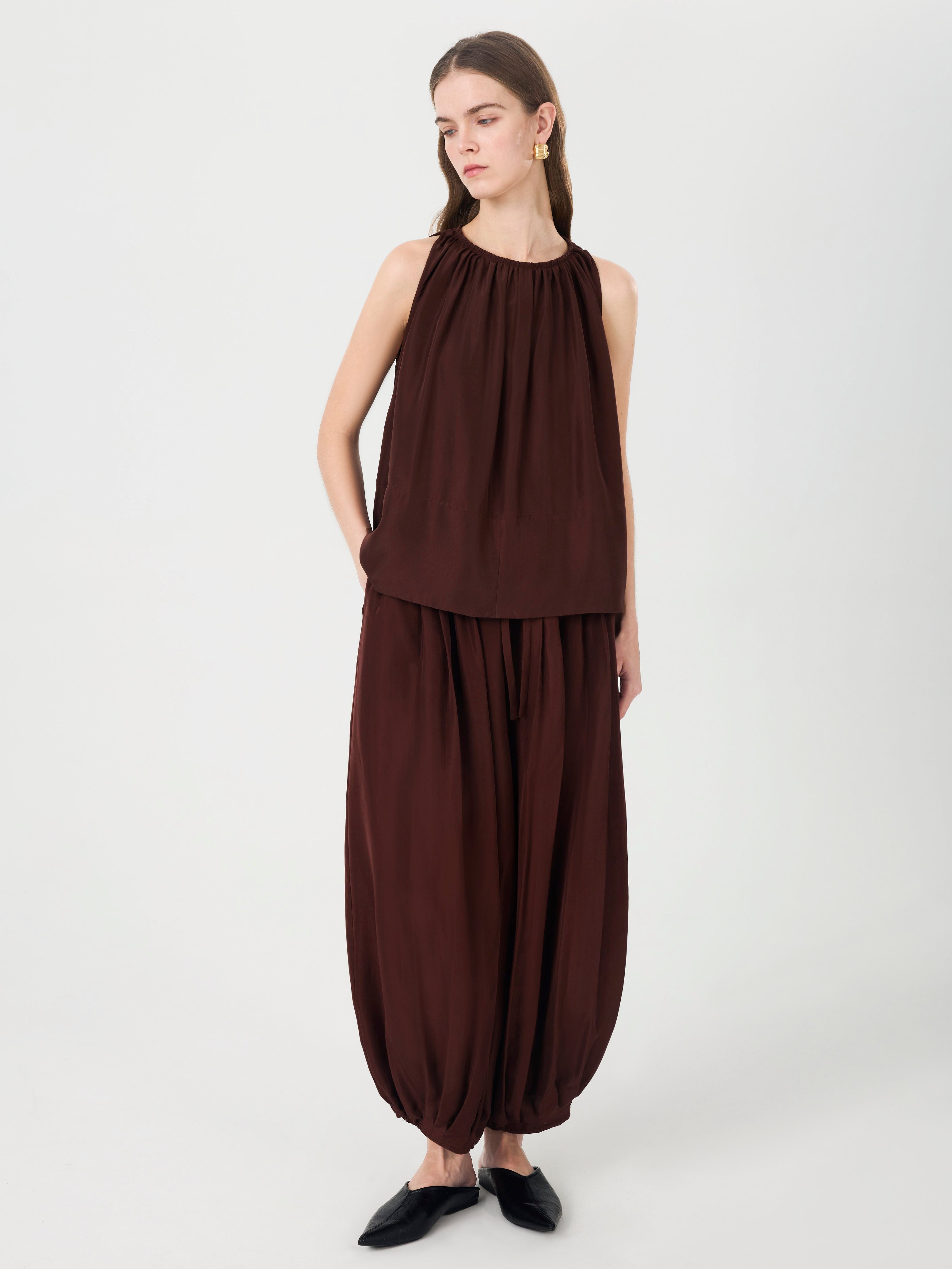 19 Momme Mulberry Silk Balloon Pants#color_Chocolate