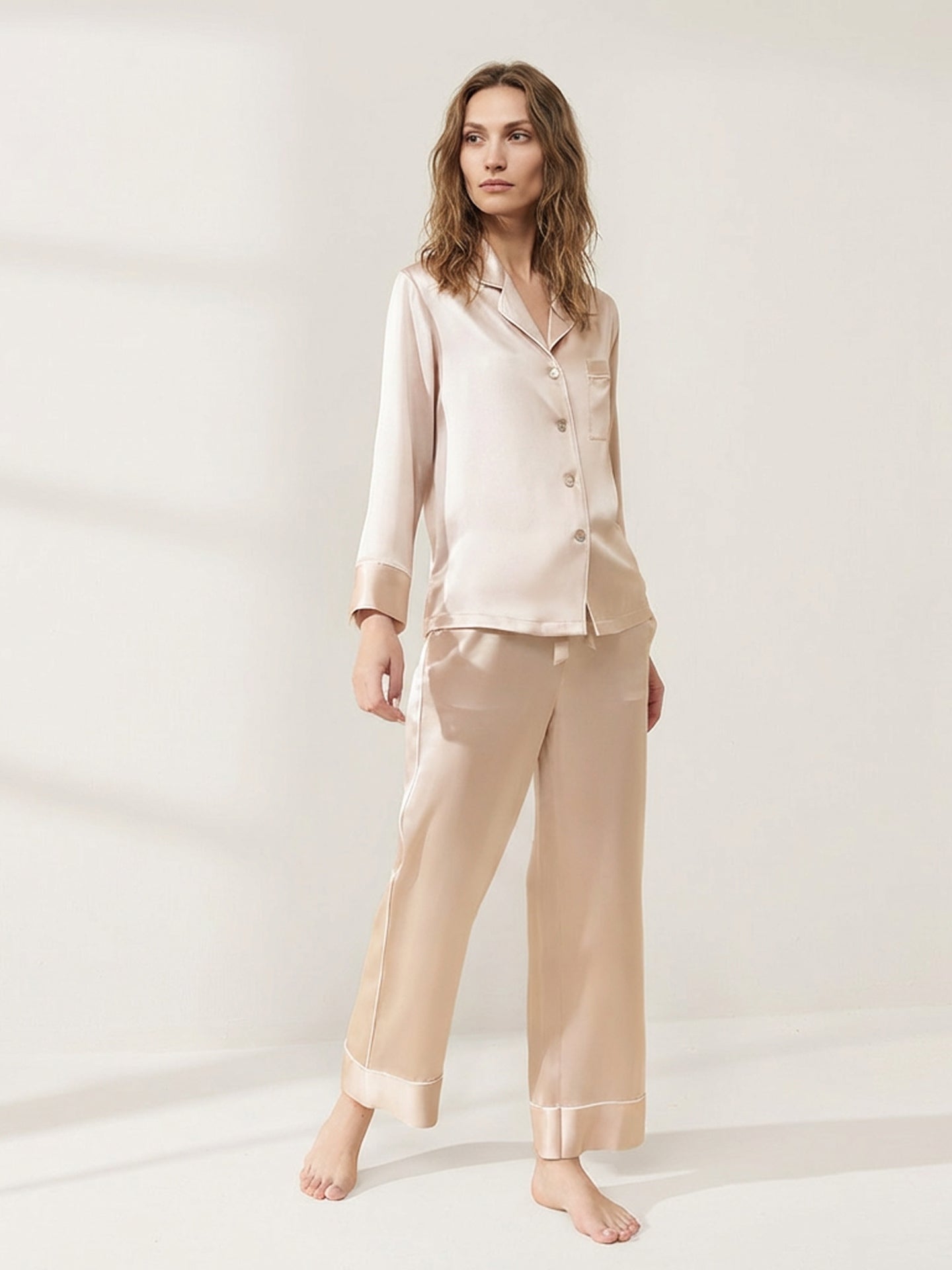 Premium Mulberry Silk Pajama Set#color_Blush Beige