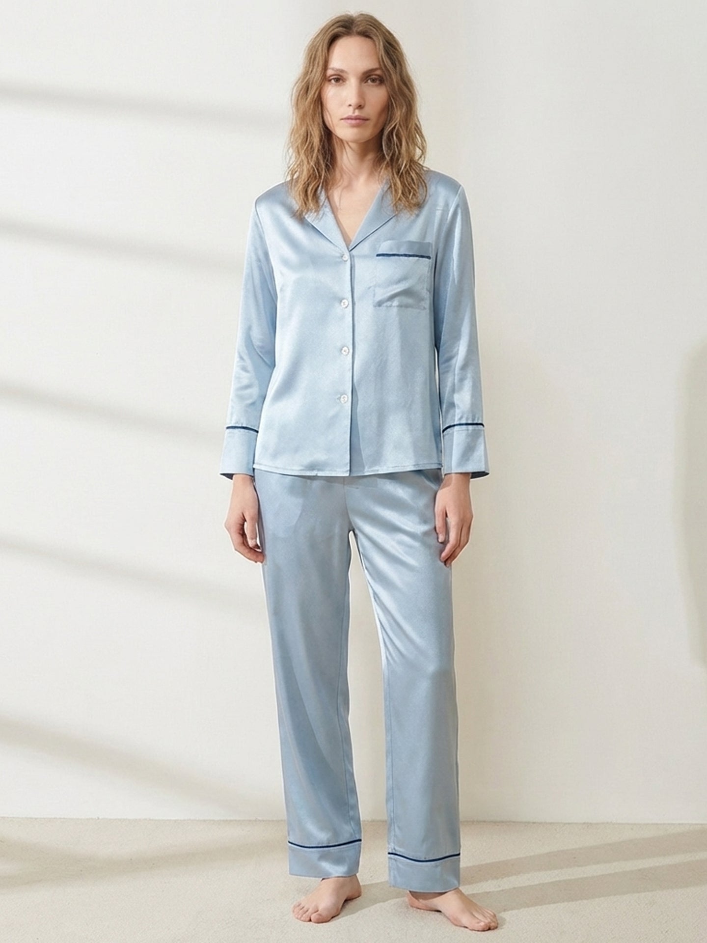 Luxe Long Sleeve Silk Pajamas#color_Dusty Blue