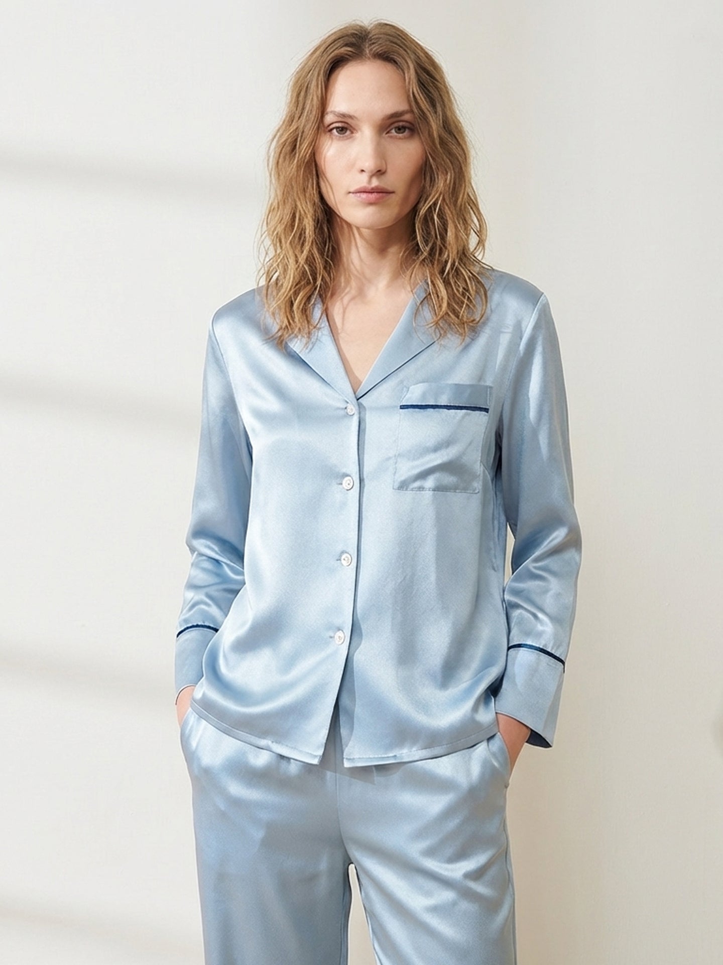Luxe Long Sleeve Silk Pajamas#color_Dusty Blue