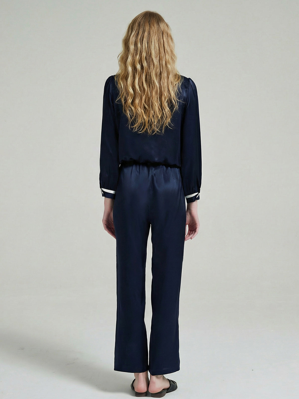 Silk Contrast Collar Pajama Set with Side Slit Pants#color_Navy