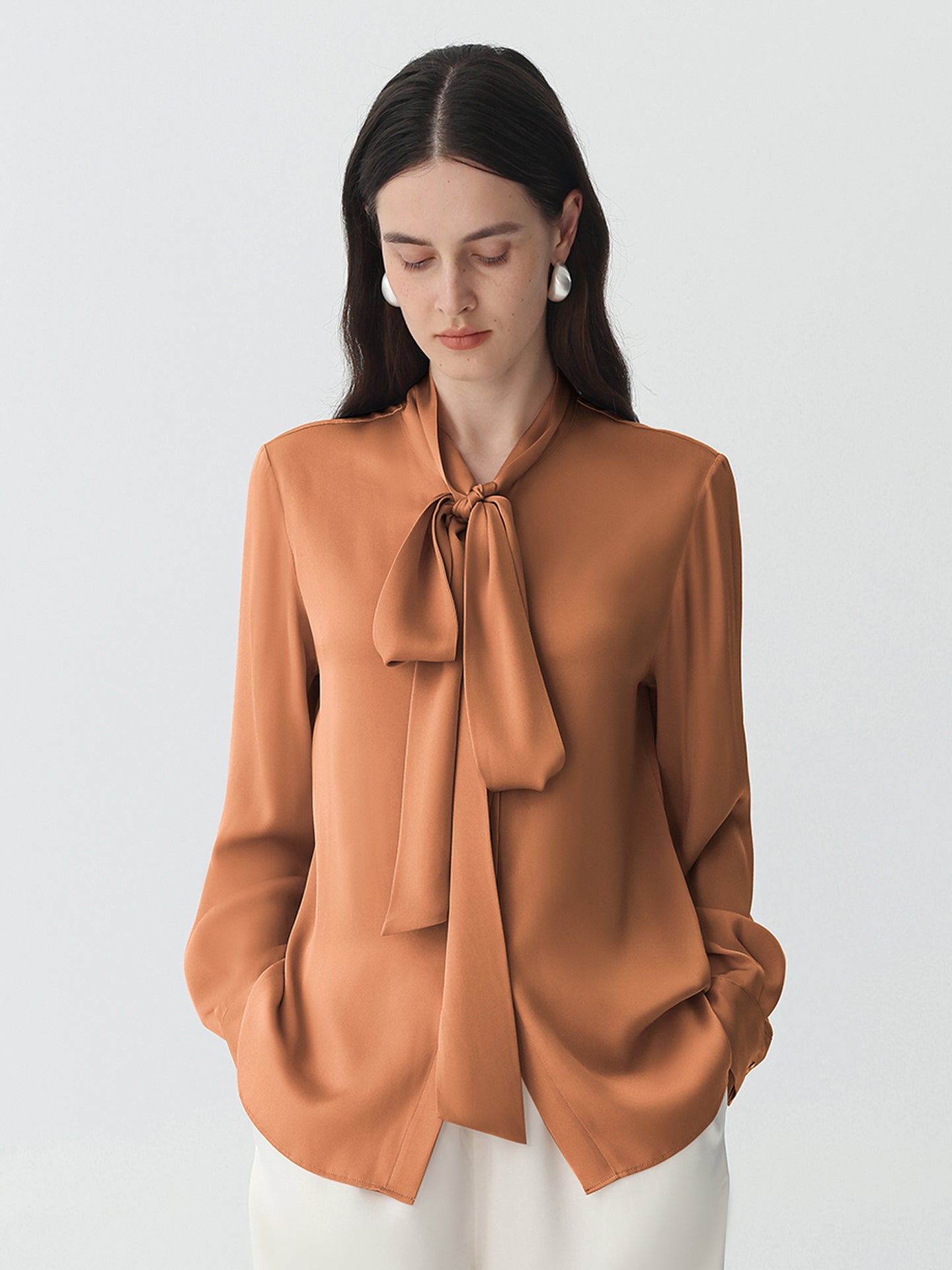 Bow-Tie Neck Silk Blouse #color_Caramel