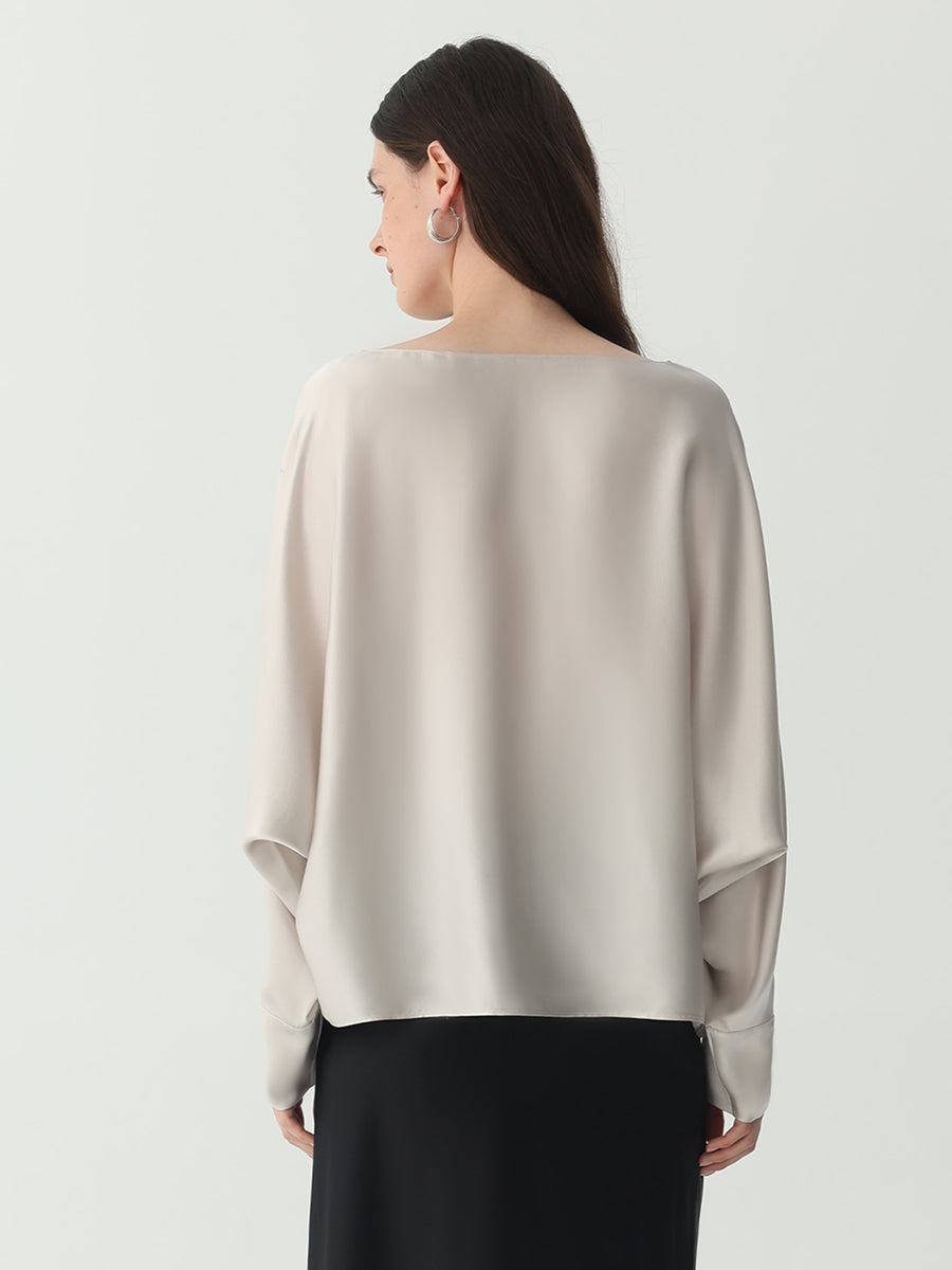Batwing-Sleeve Blouse in Silk #color_Soft Gray White