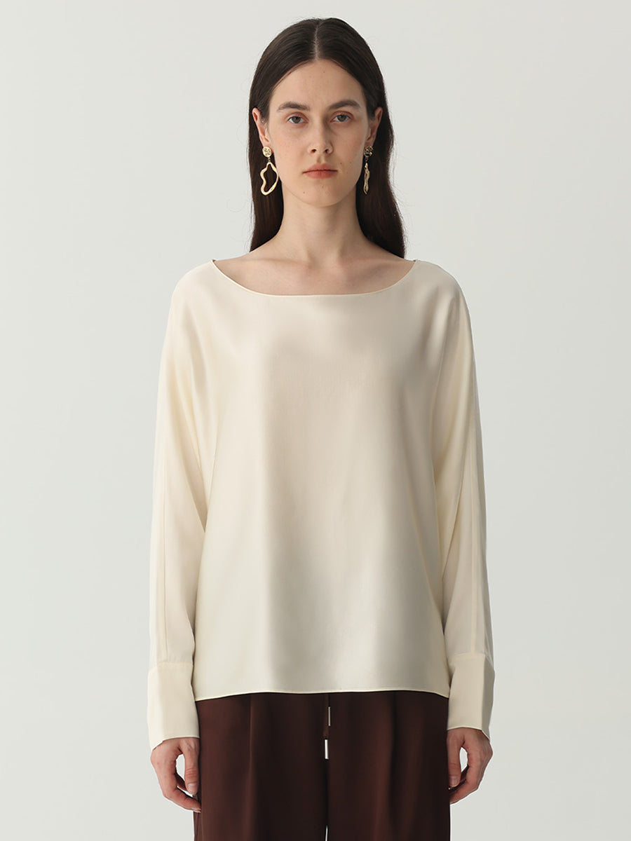 Batwing-Sleeve Blouse in Silk #color_Pear White