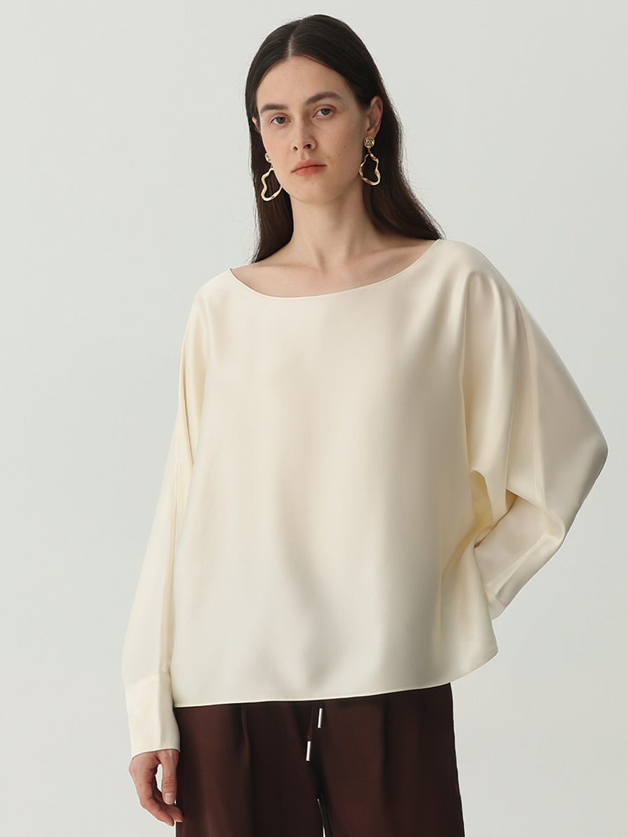 Batwing-Sleeve Blouse in Silk #color_Pear White
