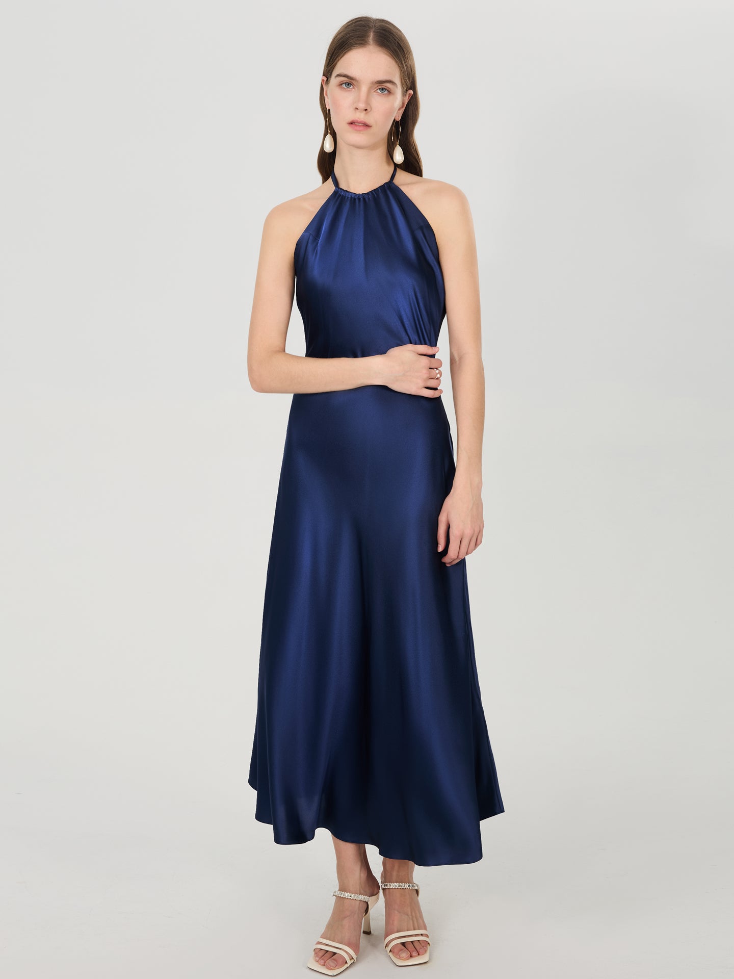 Silk Halter Backless Midi Dress#color_Navy