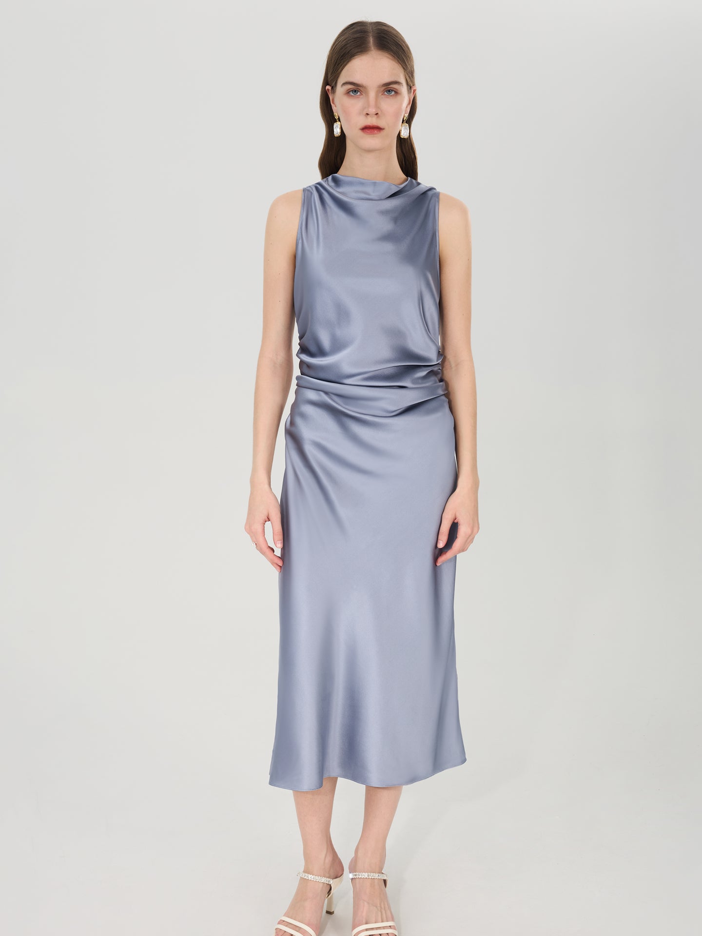 Silk Draped Cowl Neck Midi Dress#color_Blue Grey