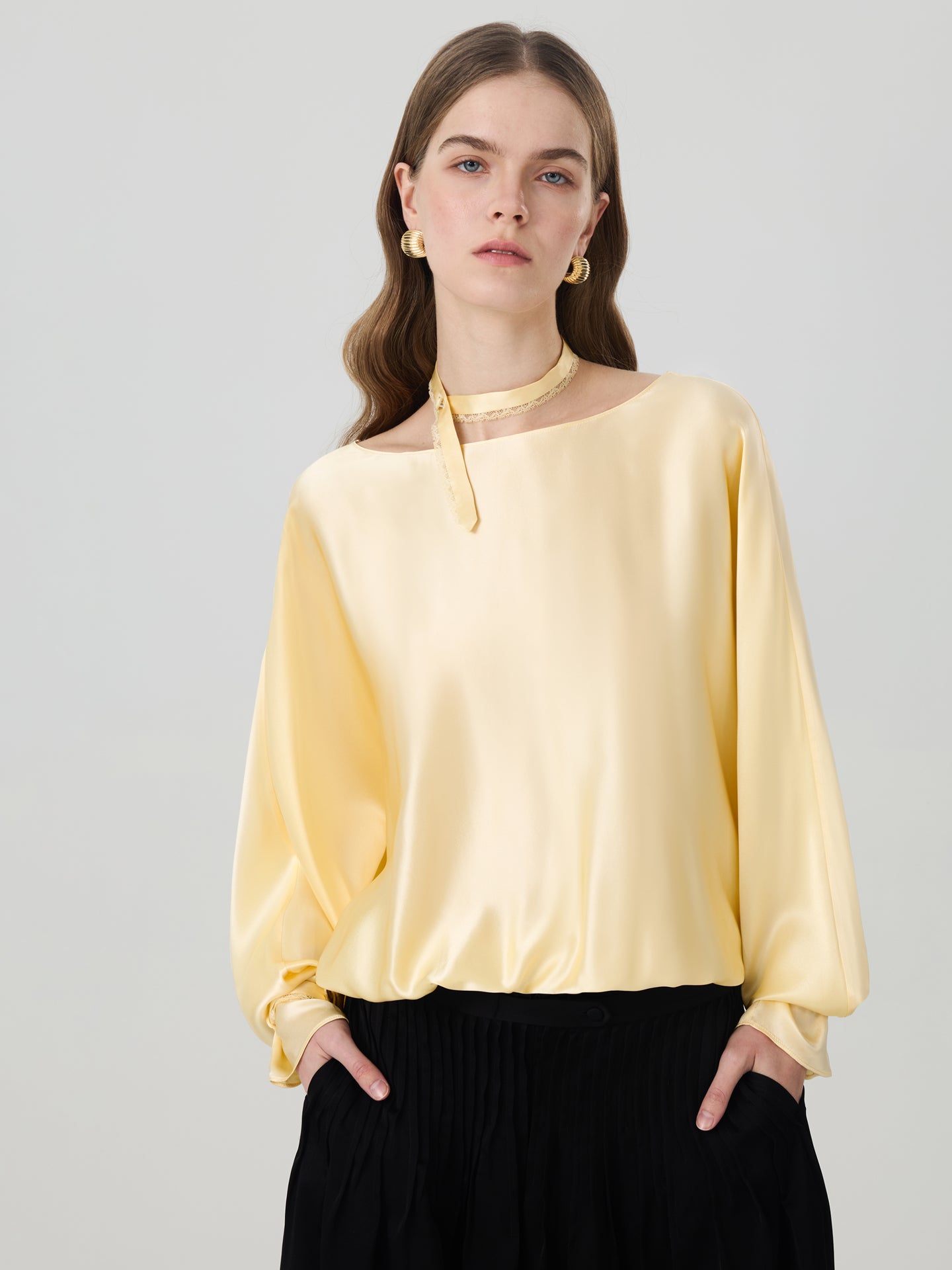 Mulberry Silk Lace-Back Blouse#color_Light Lemon Yellow