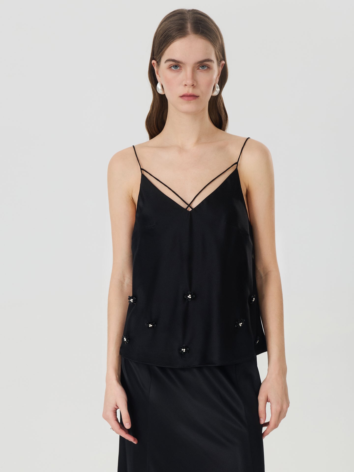 Silk Strappy Camisole with Floral Detail#color_Black