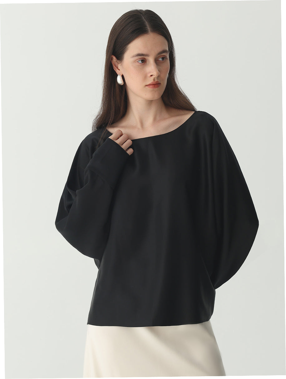 Batwing-Sleeve Blouse in Silk #color_Black