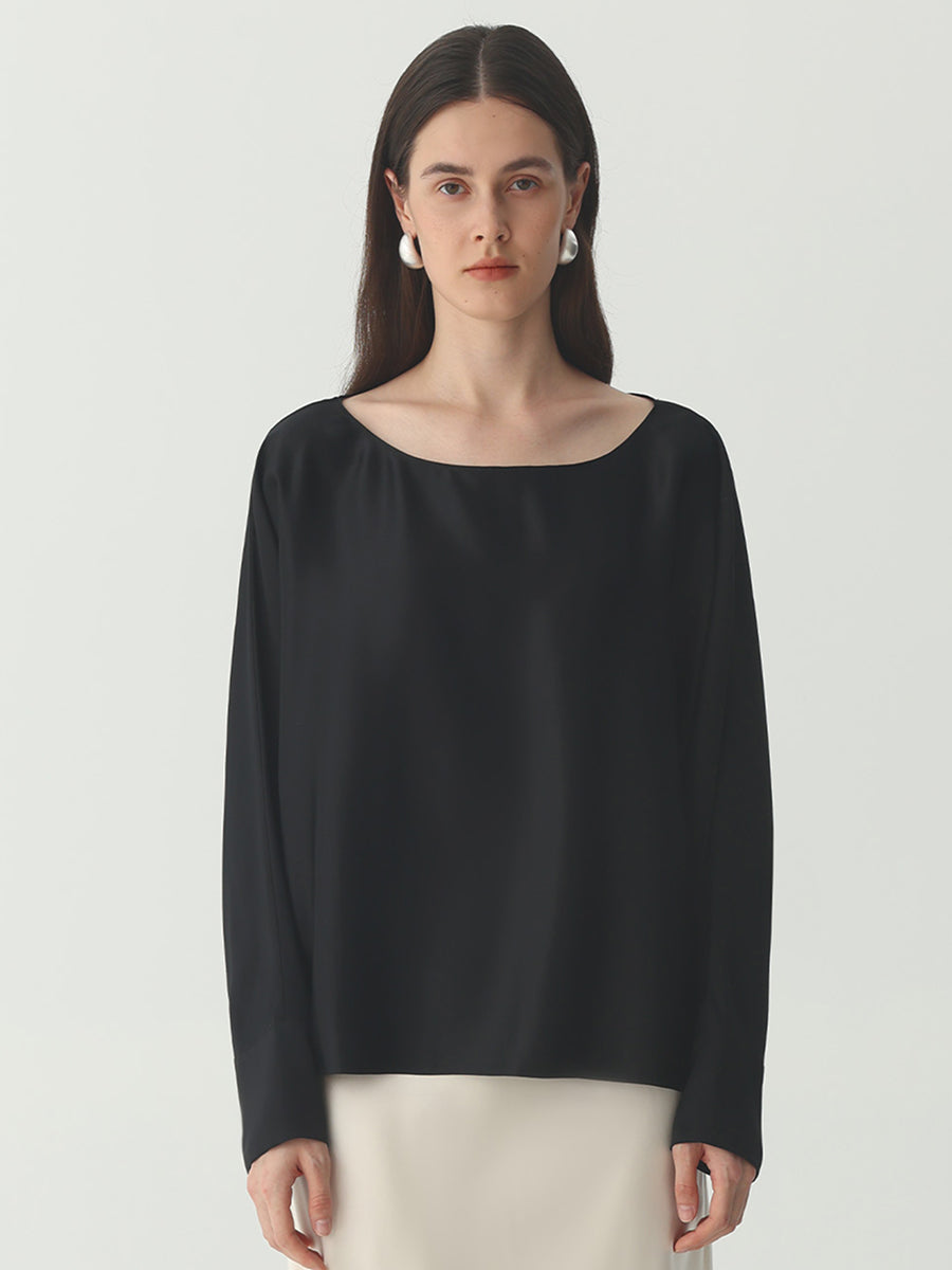 Batwing-Sleeve Blouse in Silk #color_Black