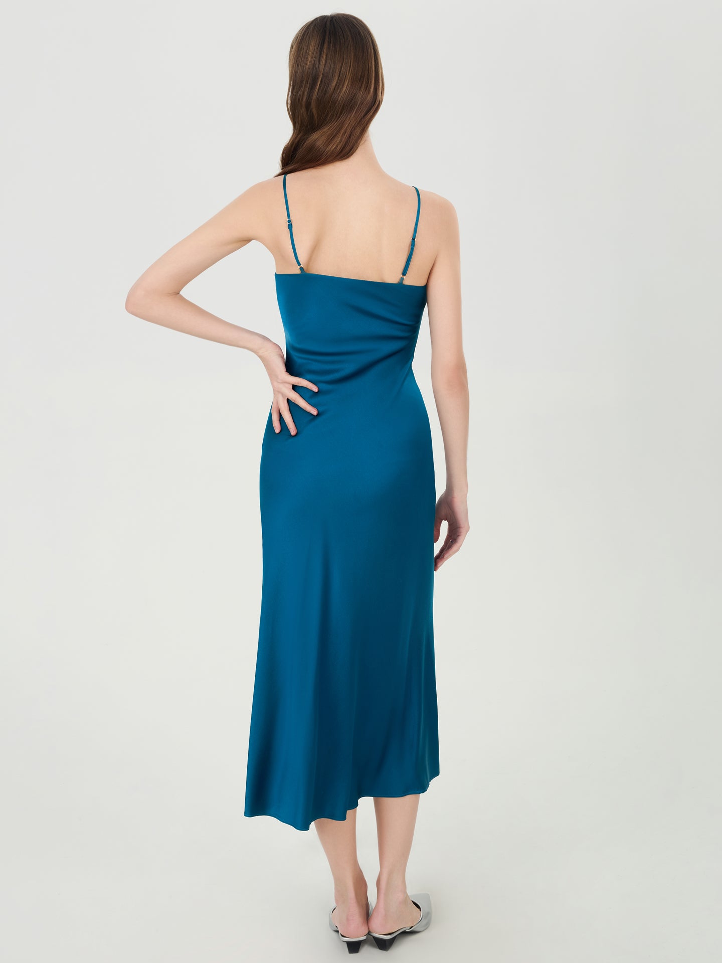 Silk V-Neck Slip Maxi Dress#color_Teal