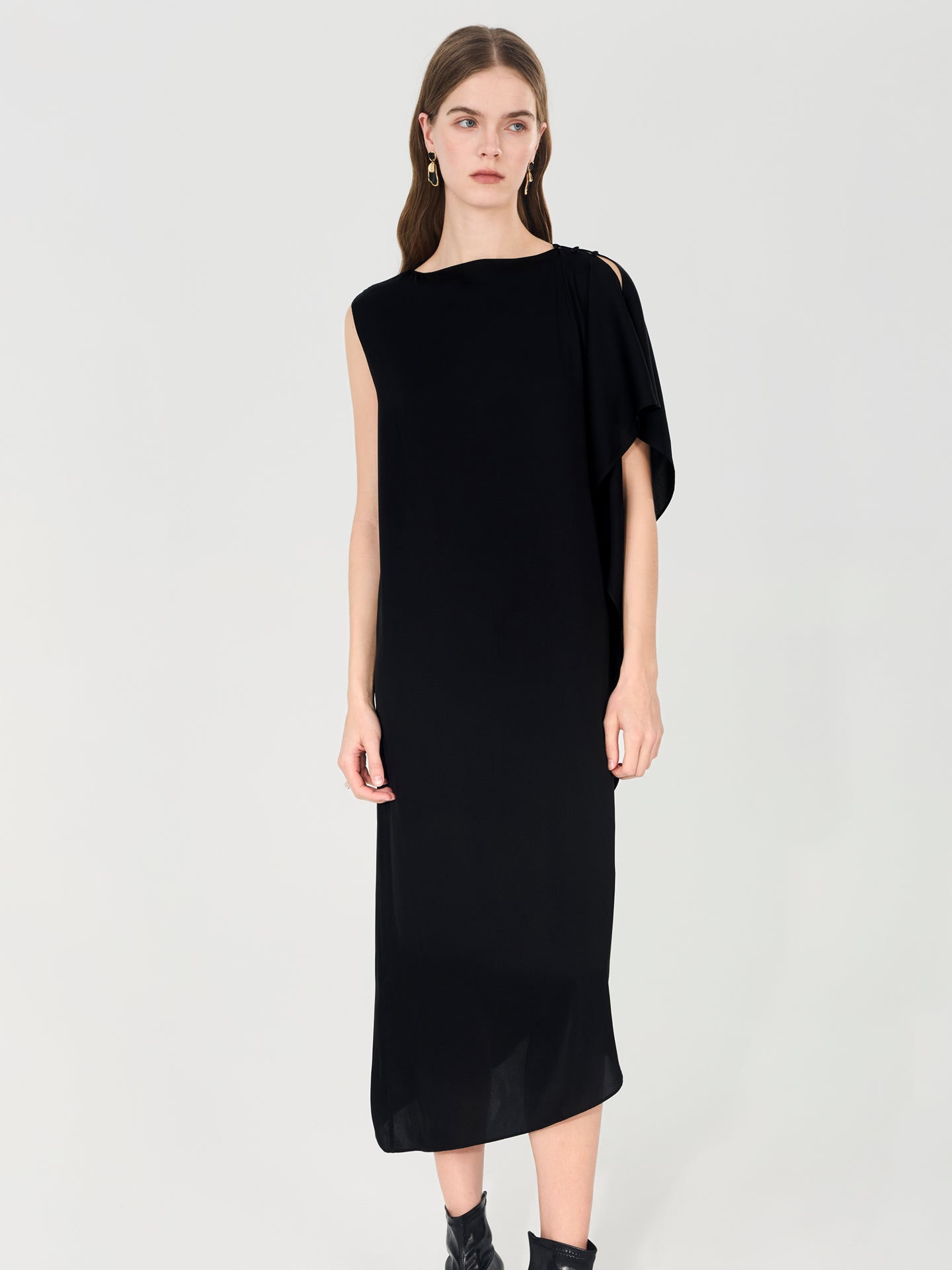 19 Momme Silk Asymmetric Ruffle Dress#color_Black
