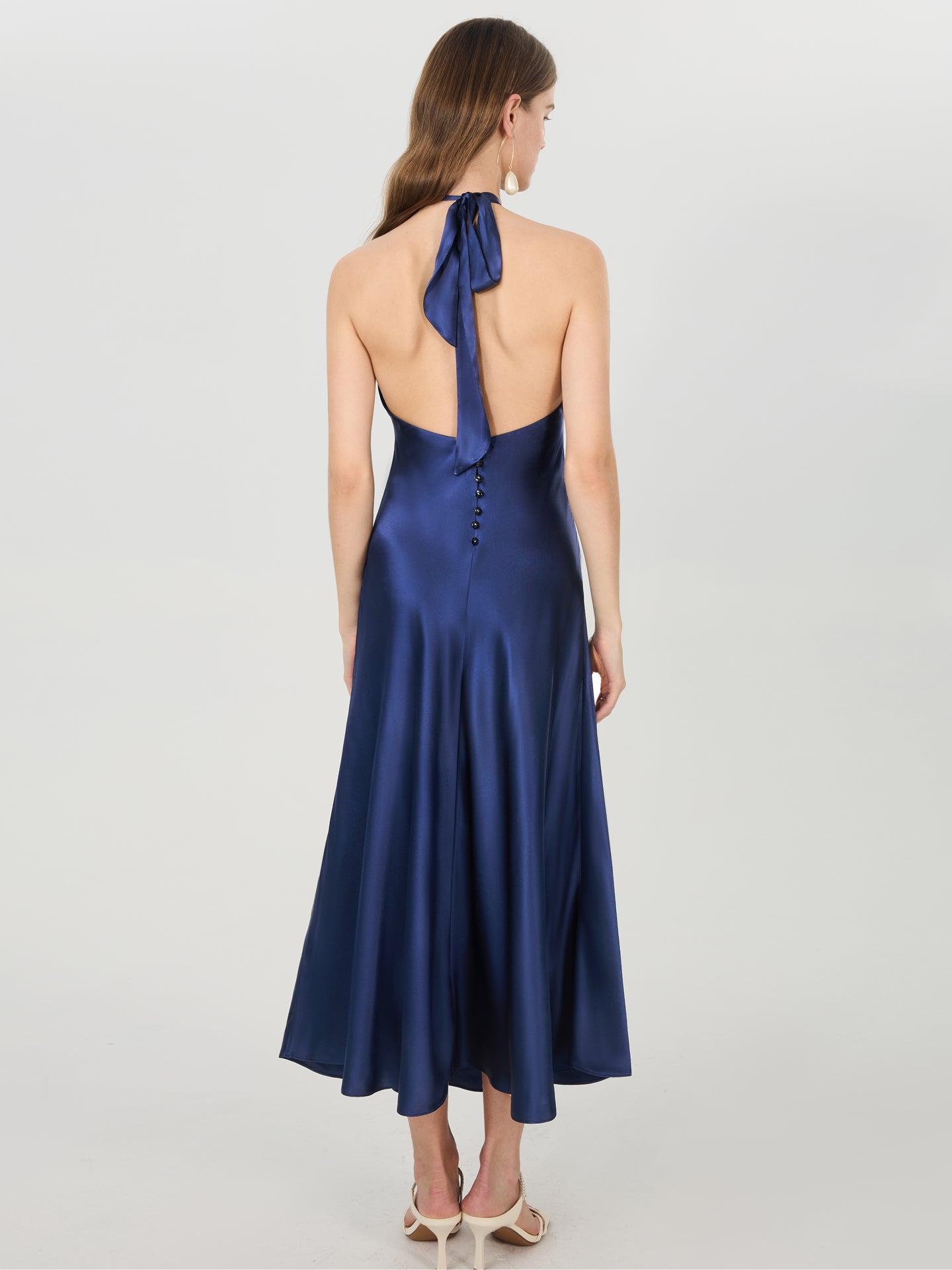 Silk Halter Backless Midi Dress#color_Navy