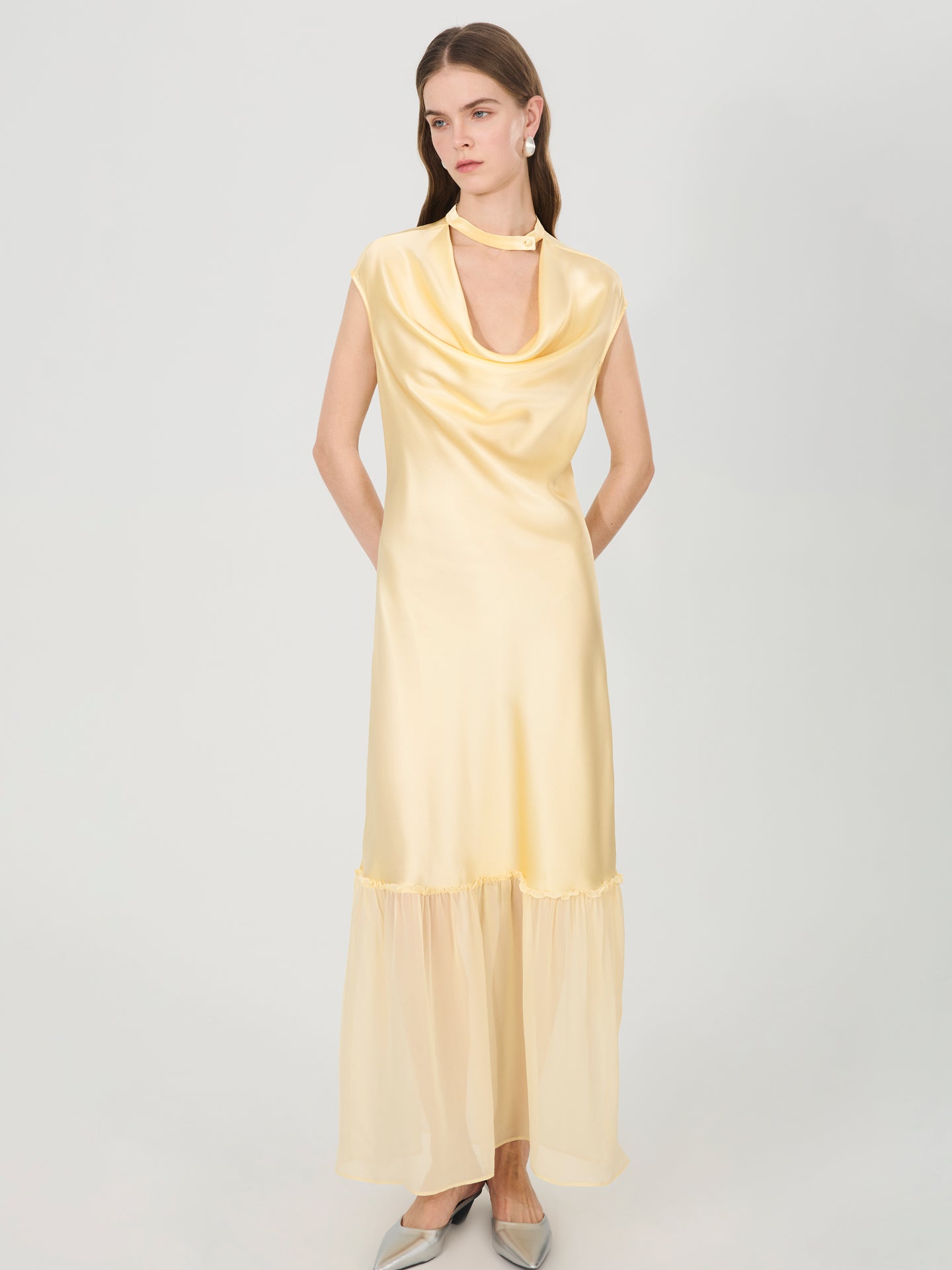 Silk Cowl Neck Maxi Dress with Sheer Hem#color_Light Lemon Yellow