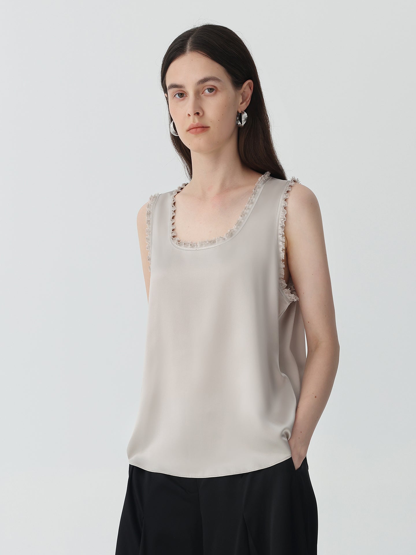 Sleeveless Tank Top in Silk #color_Soft Gray White