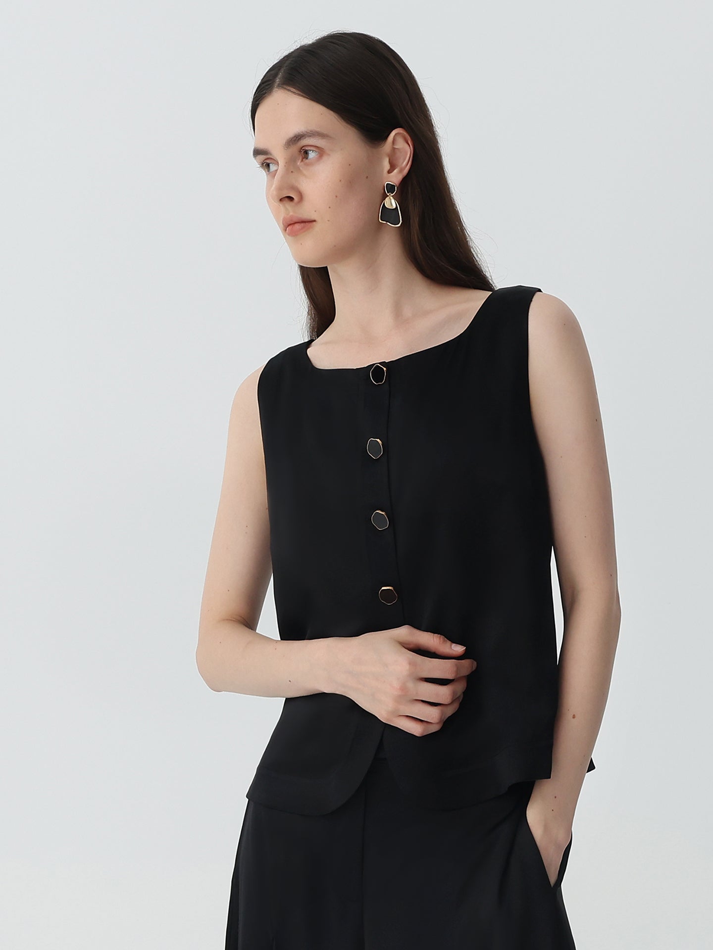 Women's Boat Neck Silk Vest #color_Black