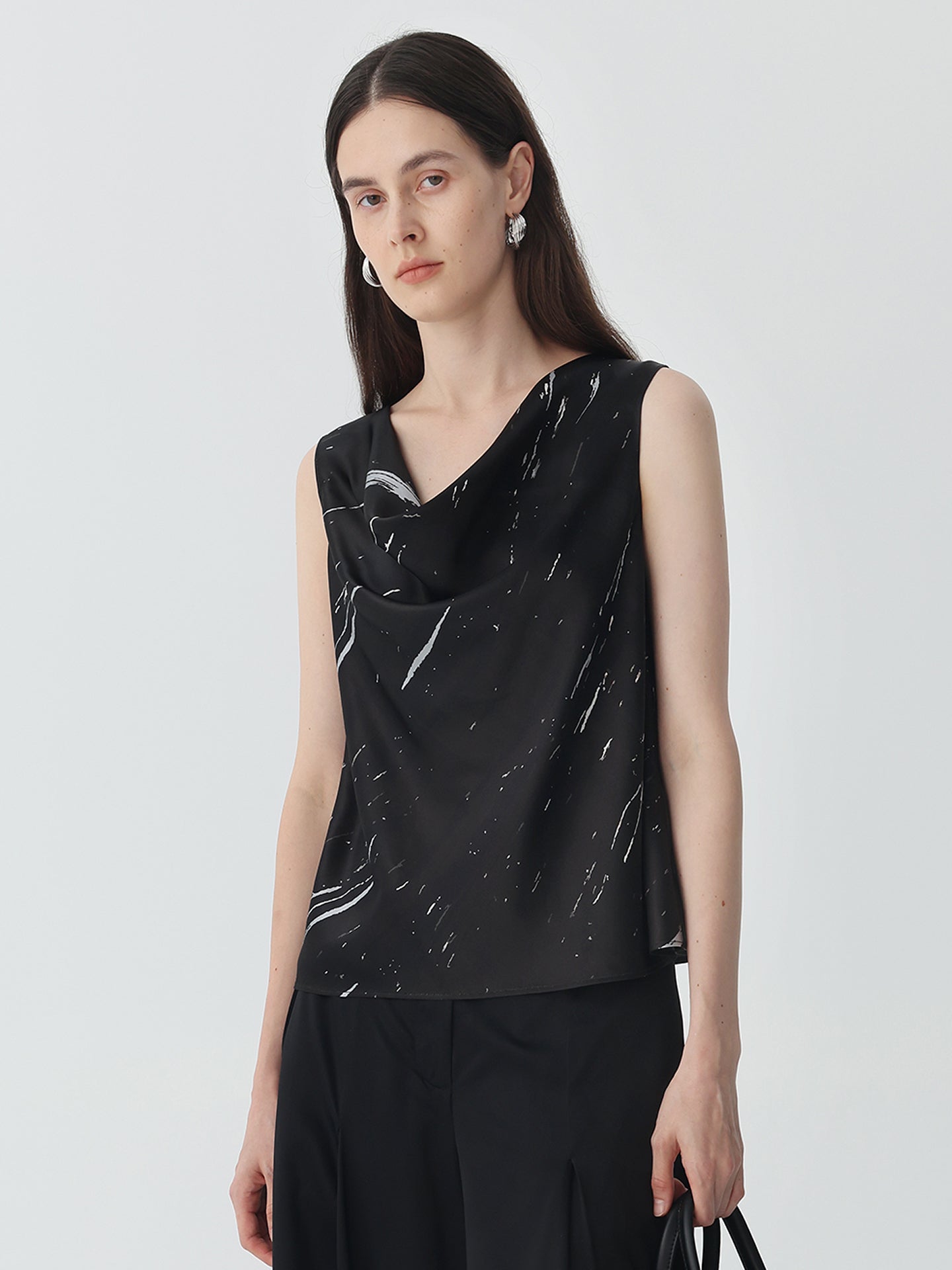 Sleeveless Cowl Neck Tank Top in Silk #color_Marble