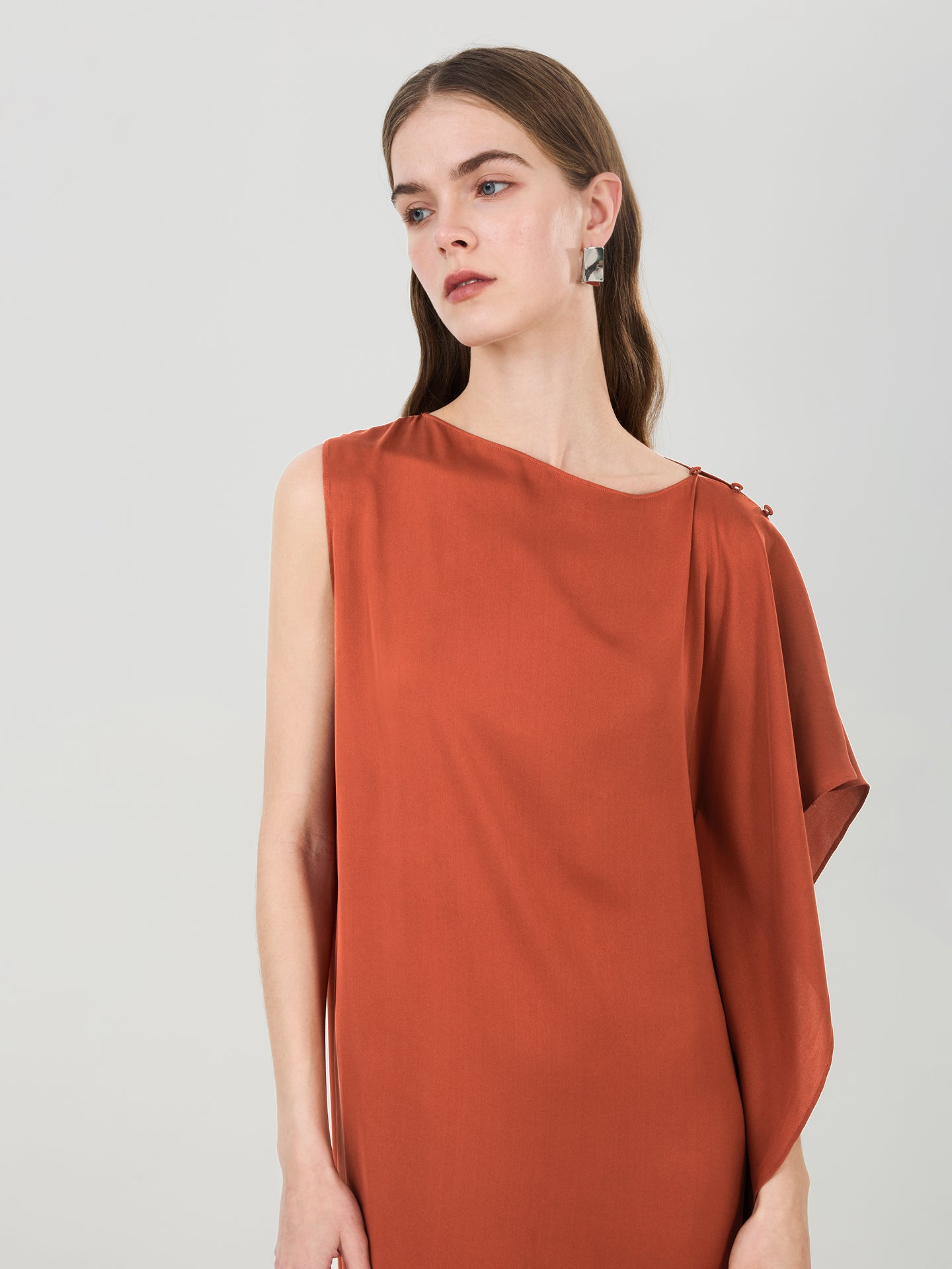 19 Momme Silk Asymmetric Ruffle Dress#color_Terracotta
