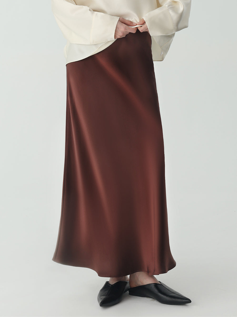 Ankle-length Midi Skirt in Silk #color_Chocolate