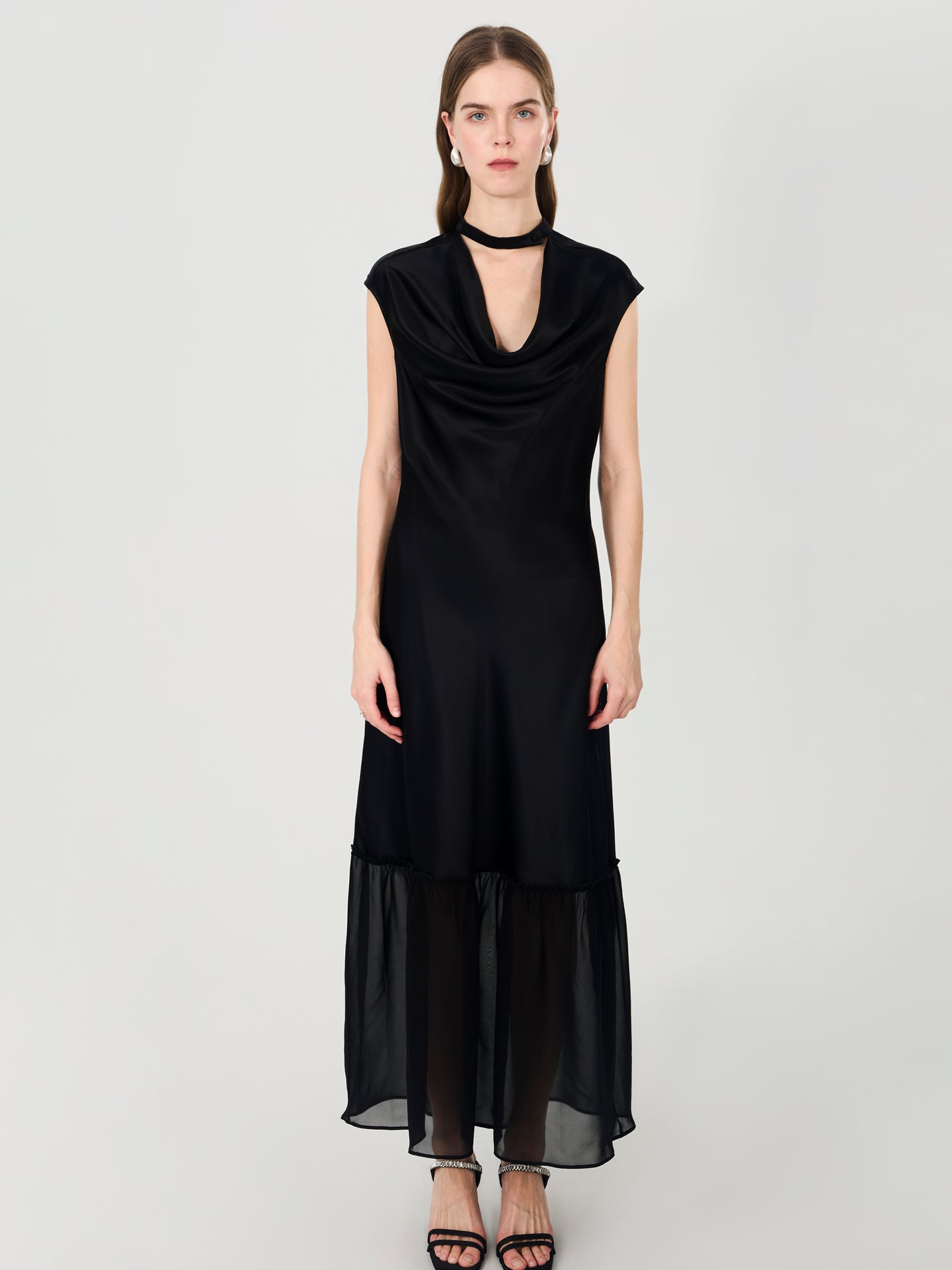 Silk Cowl Neck Maxi Dress with Sheer Hem#color_Black