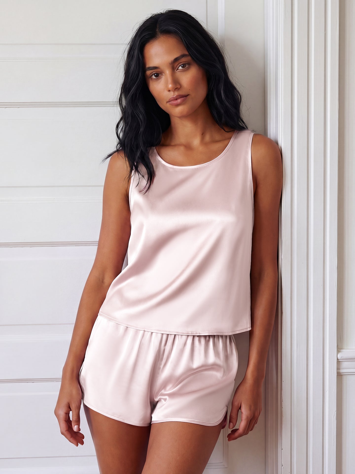 19 Momme Mulberry Silk Tank Pajama Set with Shorts#color_Blush Pink