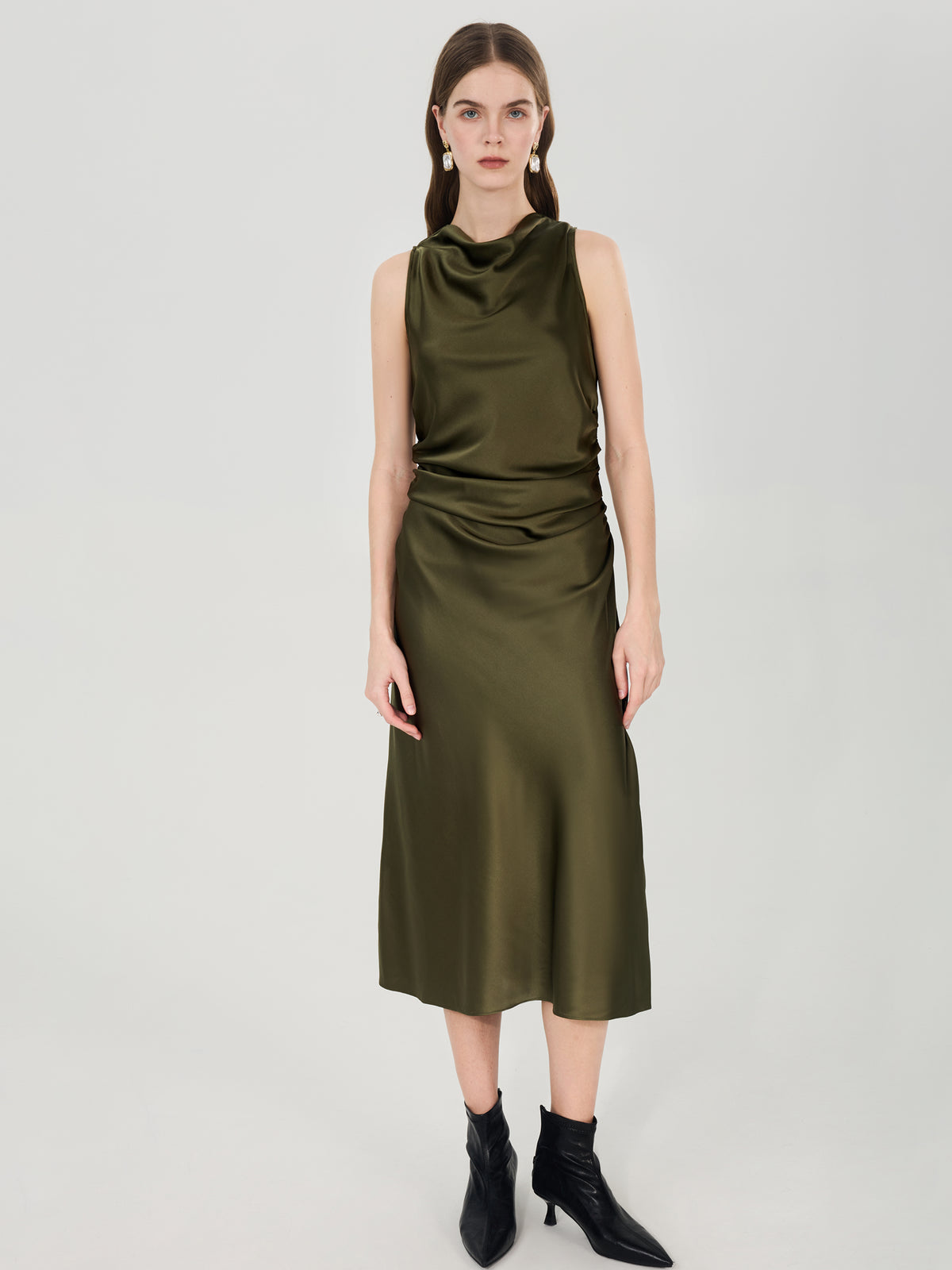 Silk Draped Cowl Neck Midi Dress#color_Army Green