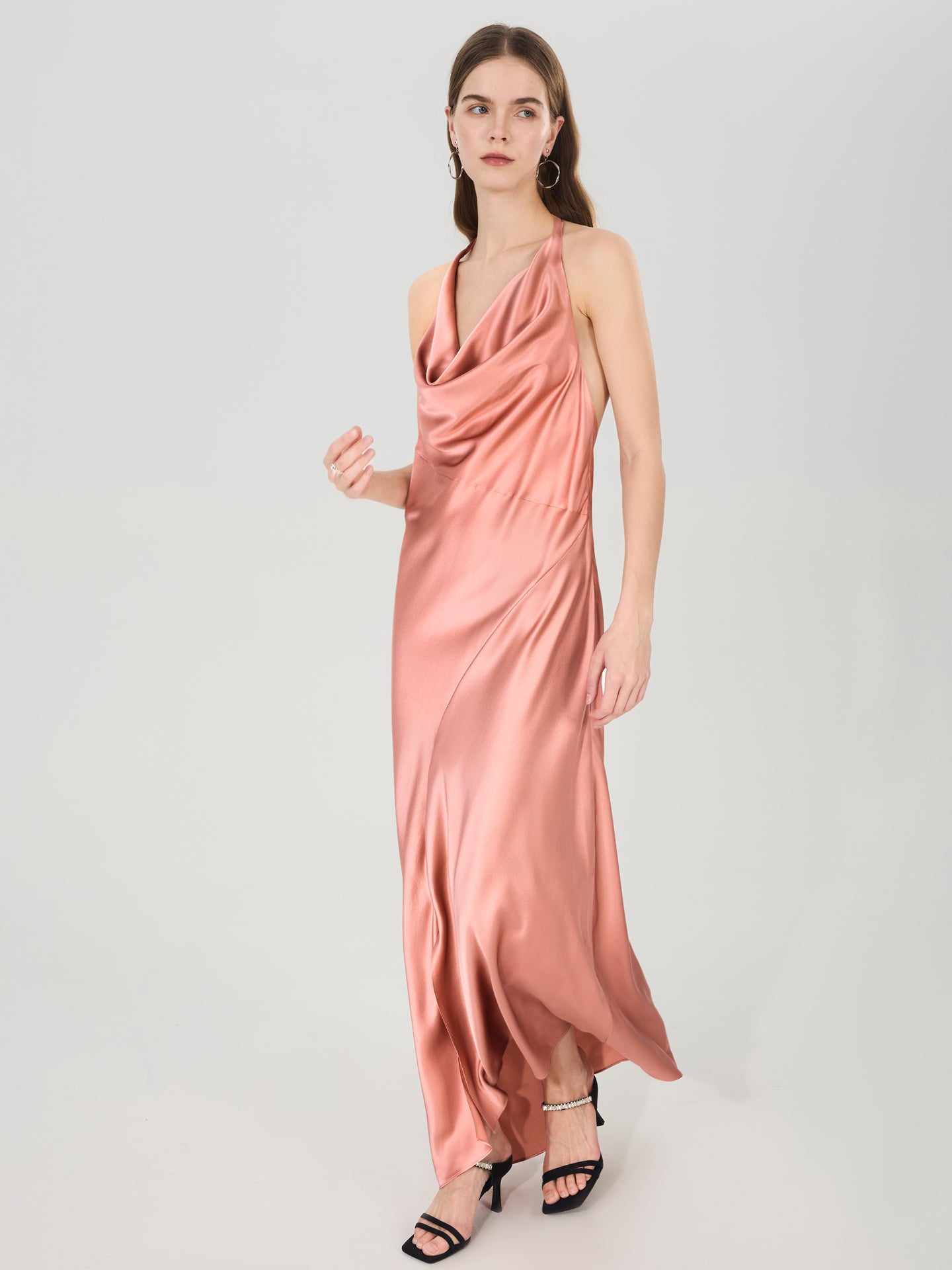 Silk Halter Cowl Neck Maxi Dress#color_Dusty Rose