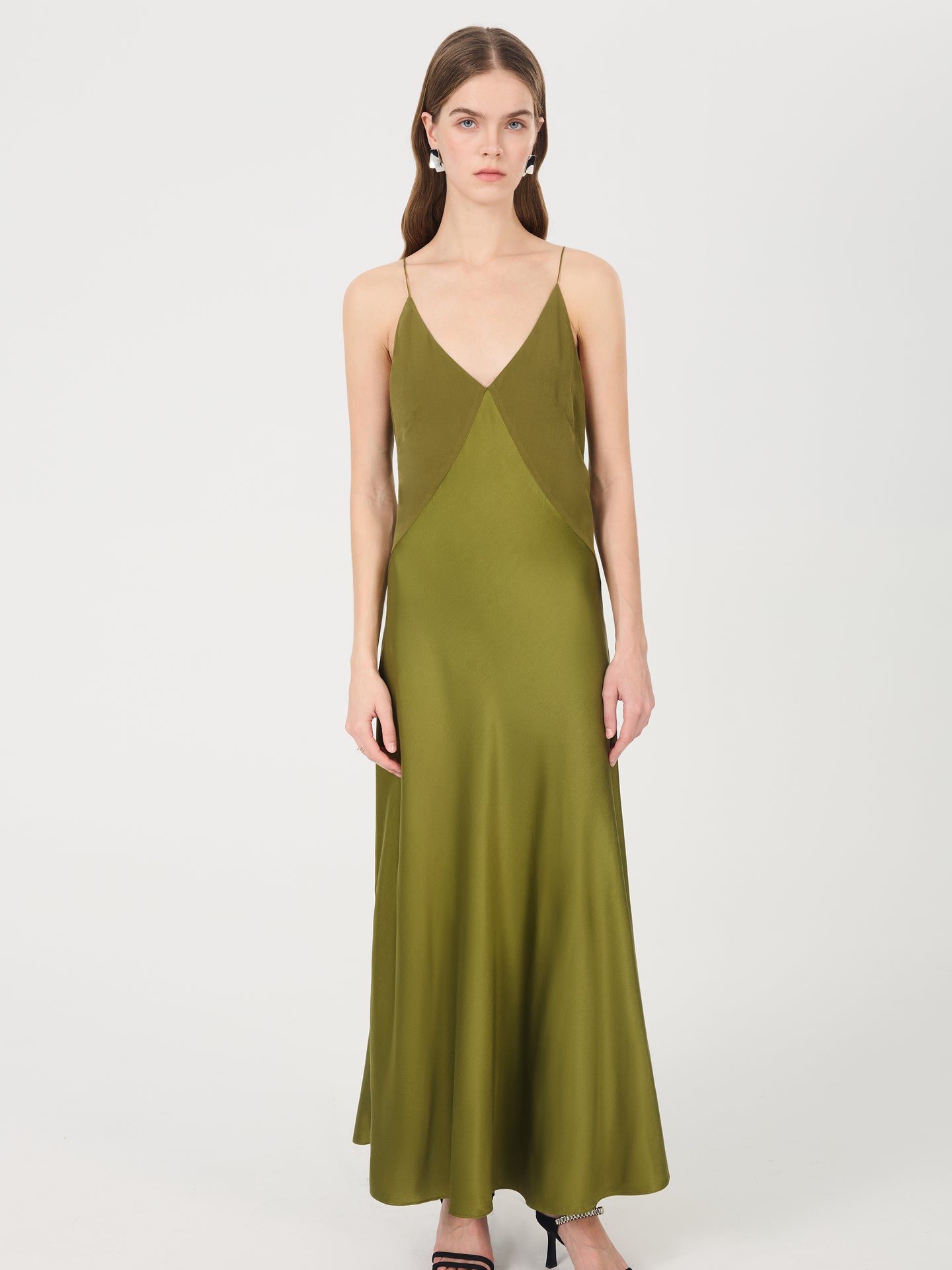 Mulberry Silk Slip Dress with Cross-Back Strapss#color_Dark Olive