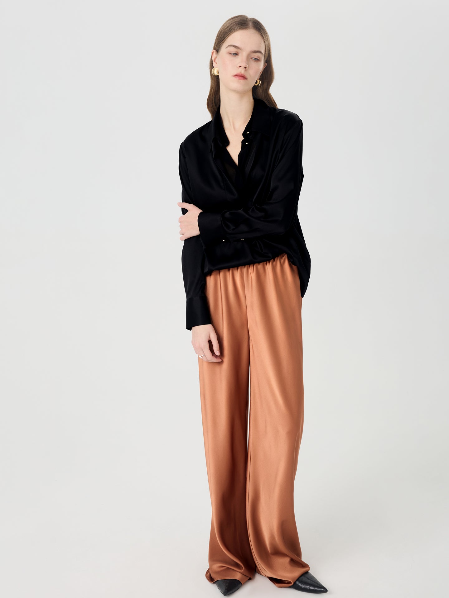 Fluid Wide-Leg Draped Pants#color_Caramel