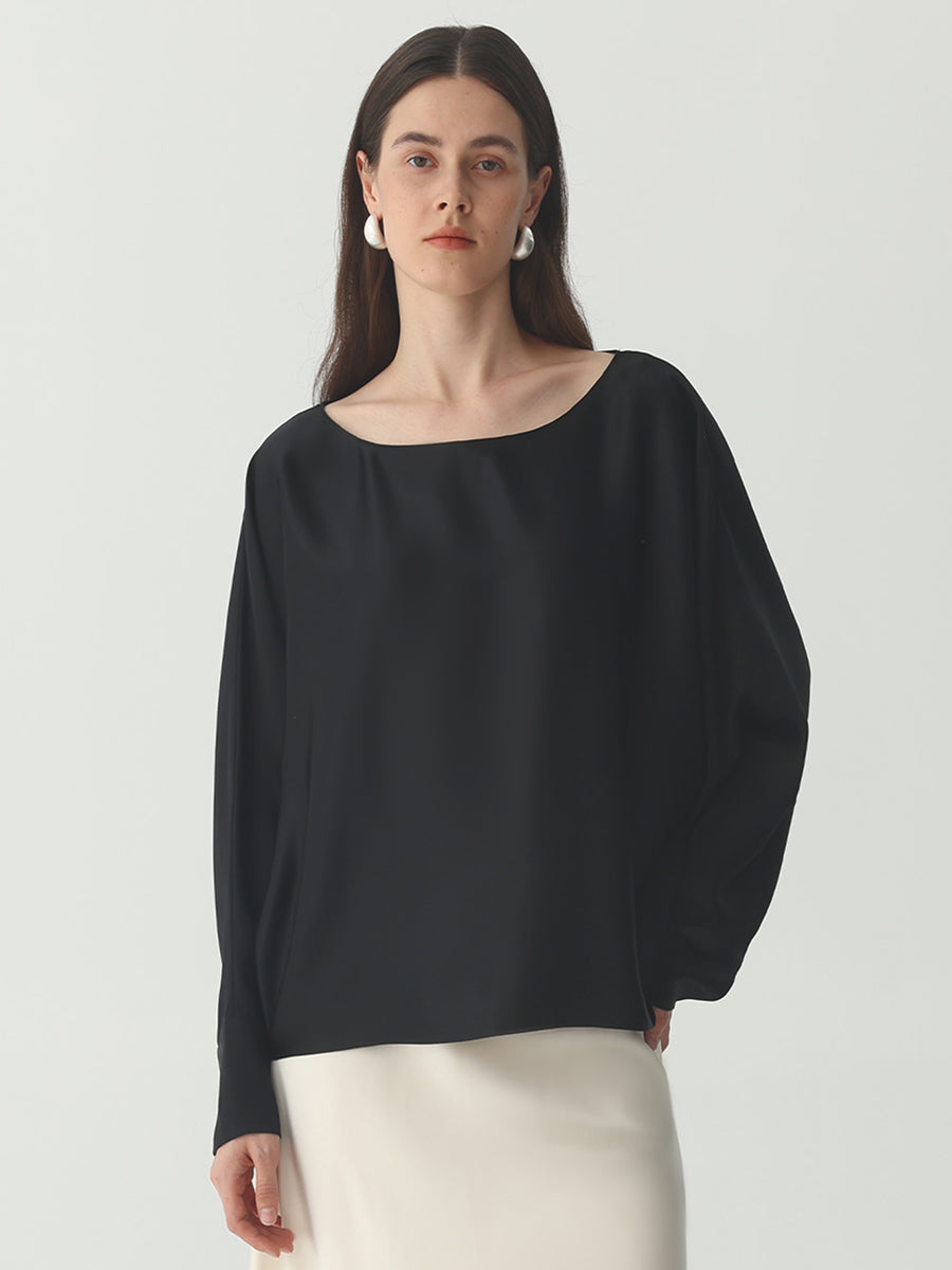 Batwing-Sleeve Blouse in Silk #color_Black