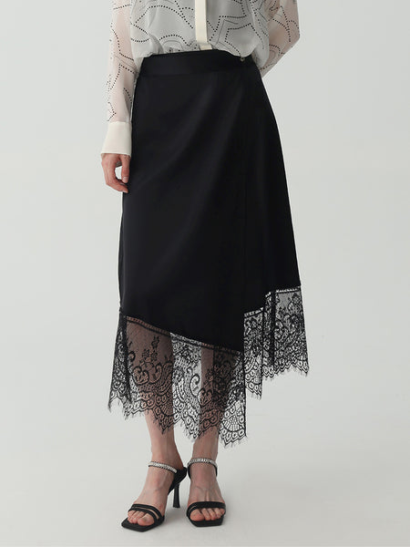 Lace-Trimmed Asymmetrical Silk Skirt